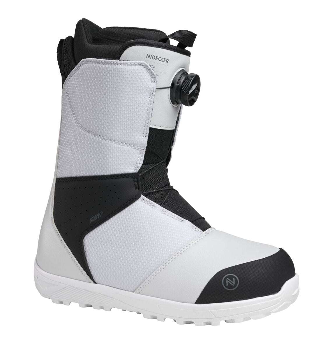 Nidecker Sierra men's snowboard boots in white and black, designed for snowboarding with a sturdy, comfortable fit.