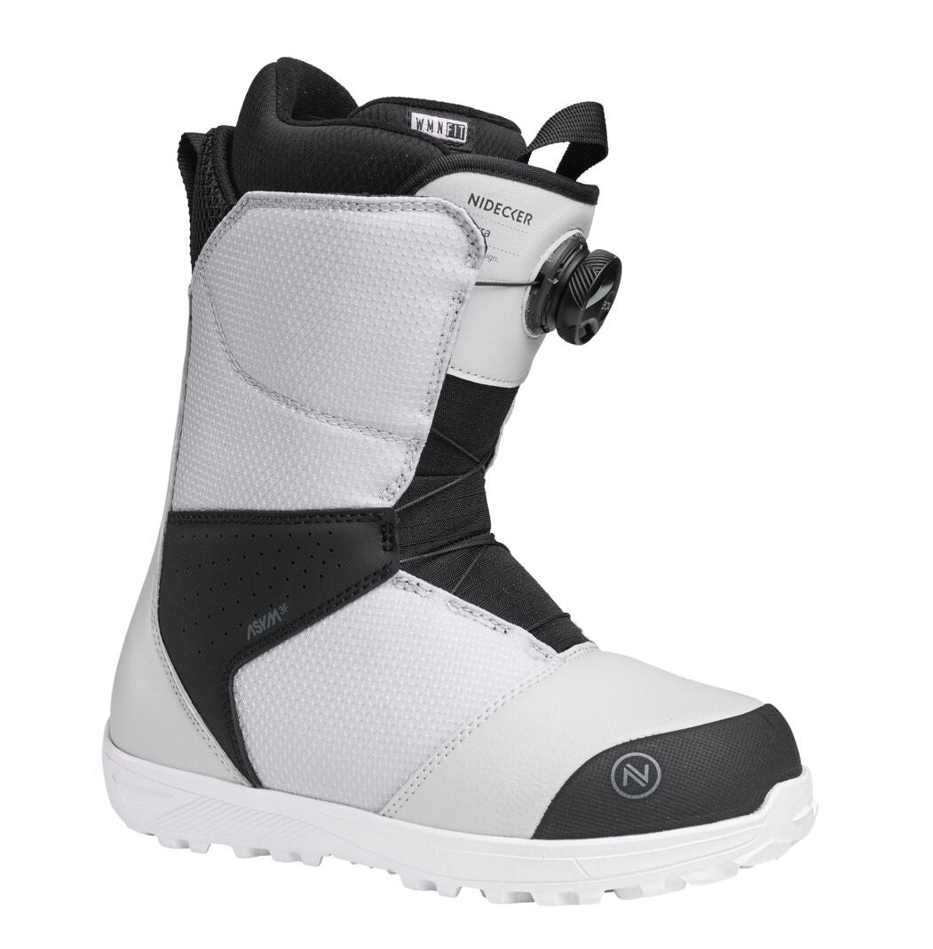 Nidecker Sierra women's snowboard boots in white and black, designed for snowboarding comfort and style.