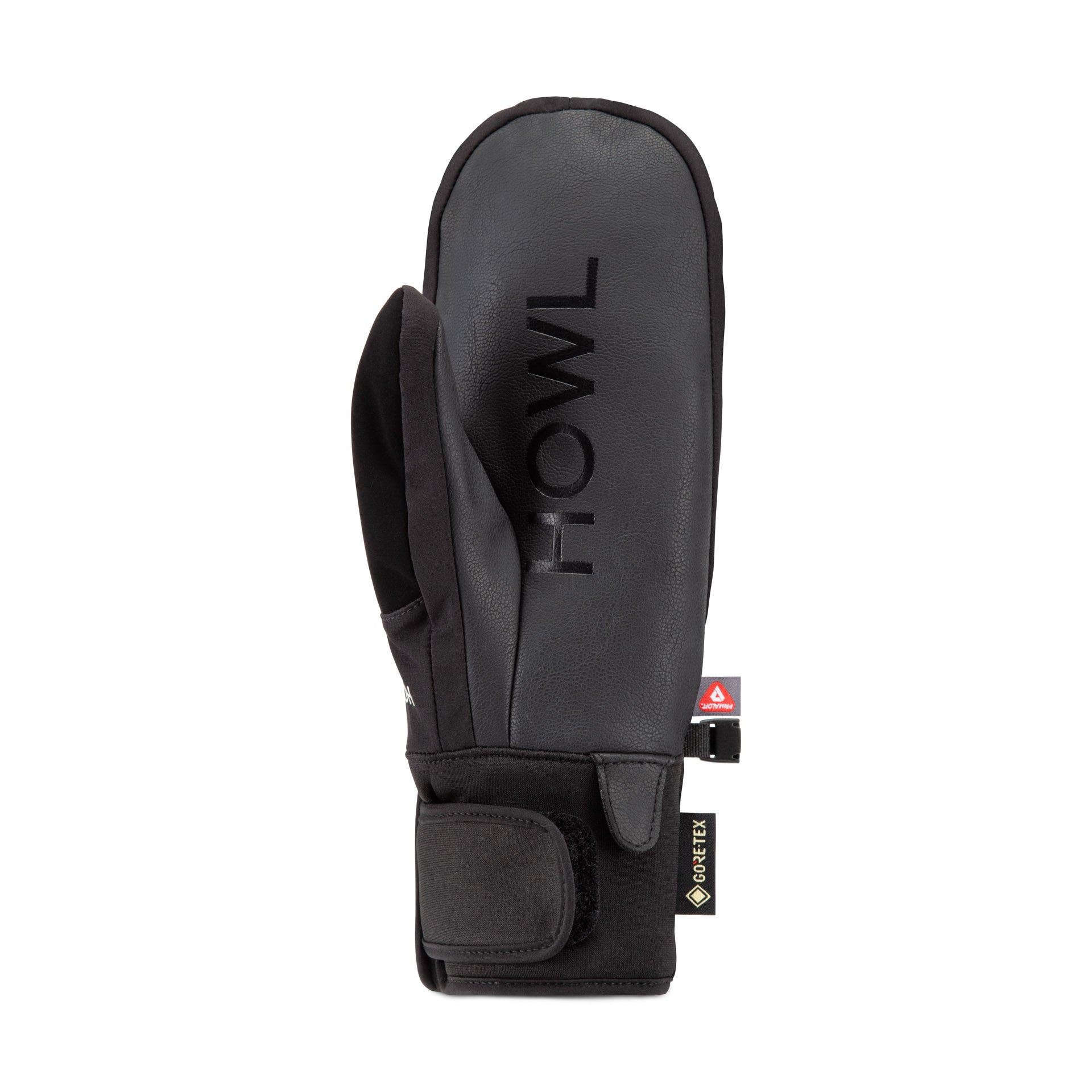 Black Howl Gore-Tex mitt showing the left back side, designed for men and women, with a textured exterior and secure pocket detail.