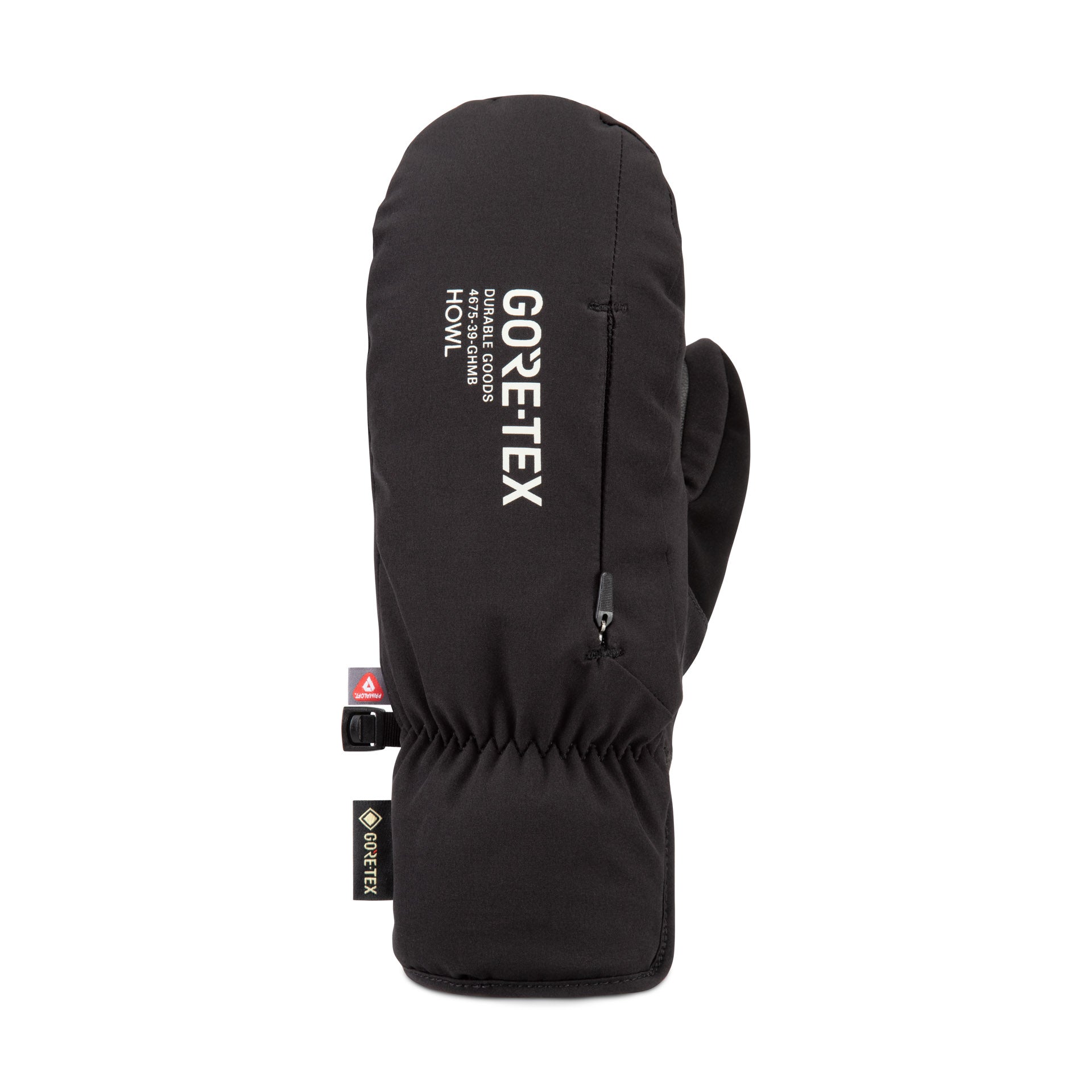 Black Howl Gore-Tex mitt showing the pocket and front design, suitable for men and women, built for weather protection.