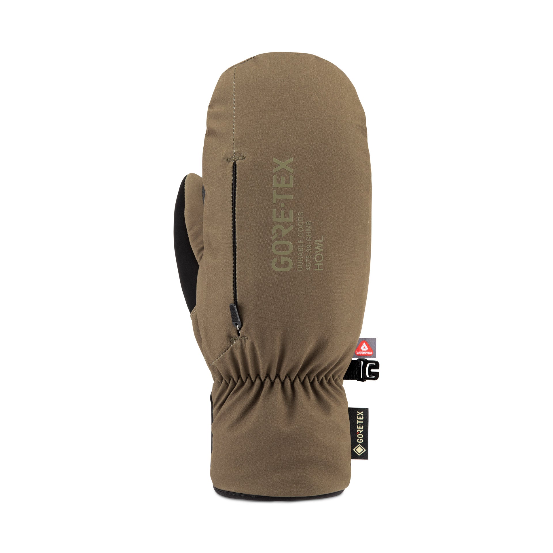 Howl men's and women's Olive Gore-Tex pocket mitt with a right front view, showcasing durable waterproof outdoor glove.