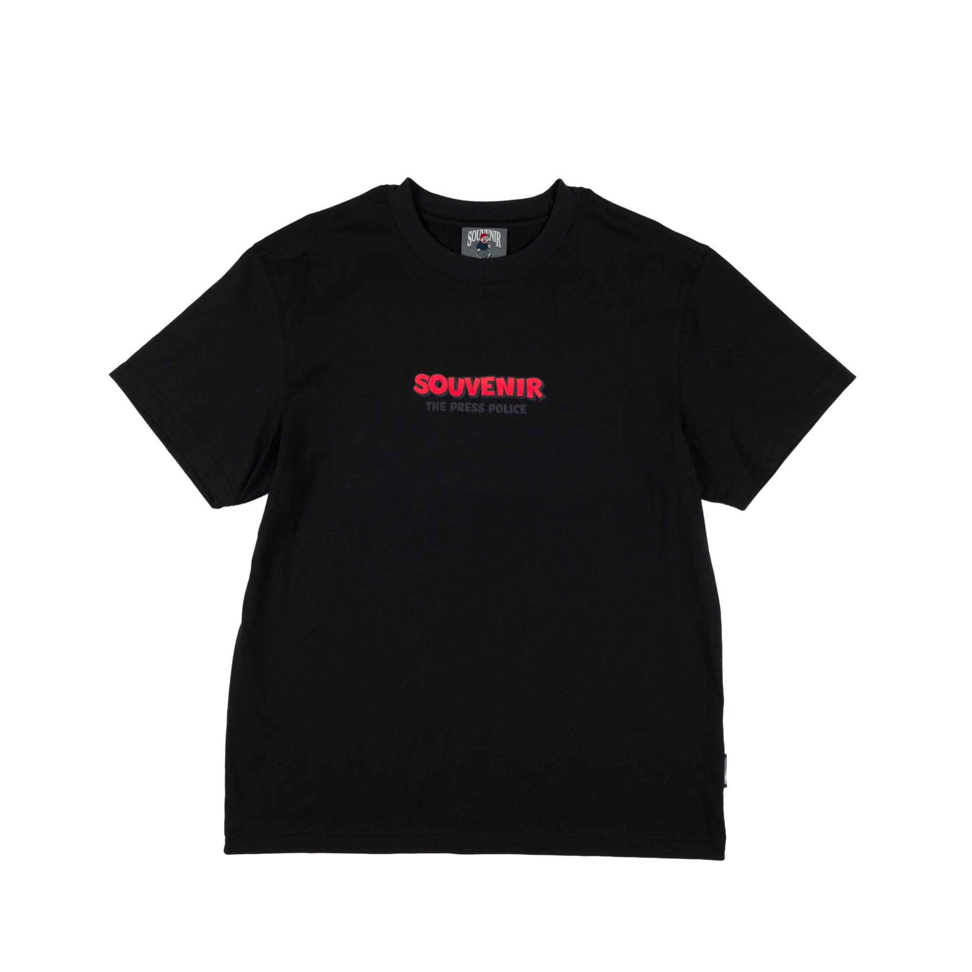 A black short-sleeve crewneck t-shirt with a red 'SOUVENIR' logo printed across the chest, displayed flat against a plain white background.