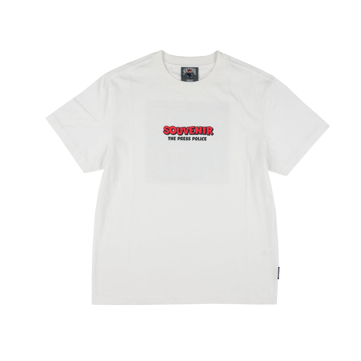 A white short-sleeve crewneck t-shirt with a graphic on the chest reading 'SOUVENIR THE PRESS POLICE' in red and black, displayed flat against a white background.