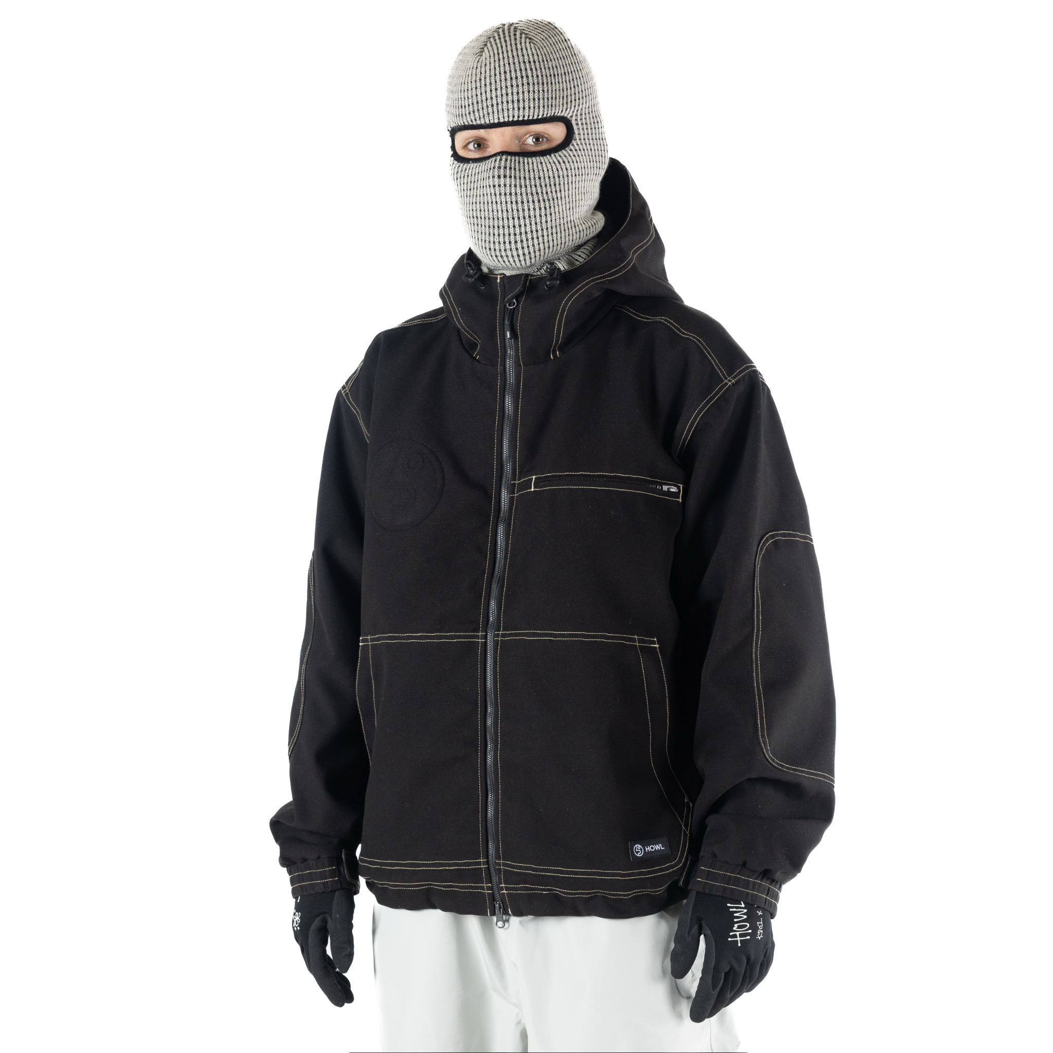 Black Howl Workwear Public Jacket for men, showing a close-up of the durable men's jacket with a front zipper and multiple pockets.