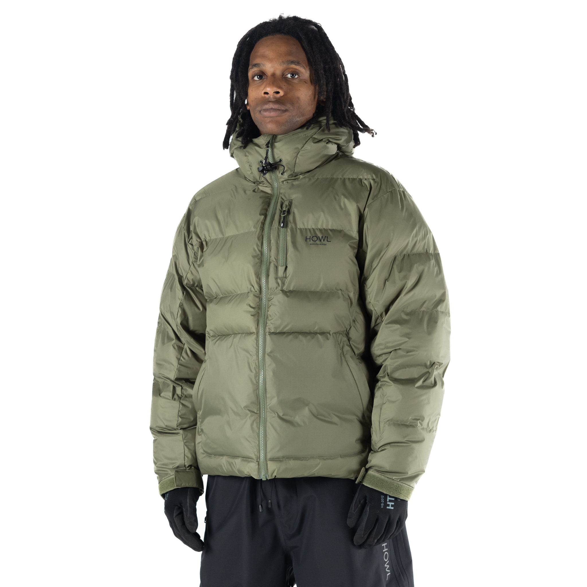 Howl Puffy Jacket 2027 in army green, unisex puffy winter jacket with quilted design, suitable for men and women.