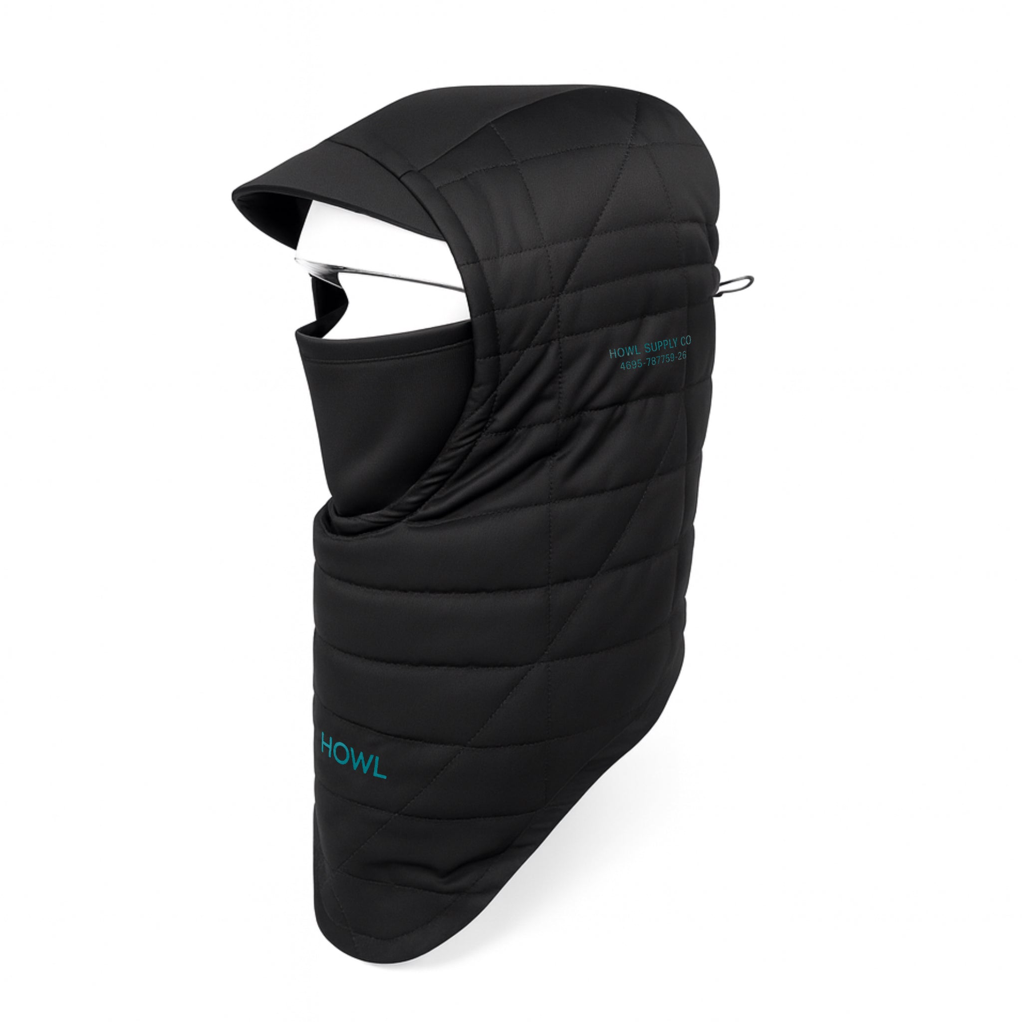 Black quilted Howl facemask for men and women, stylish and comfortable face covering with quilted design.