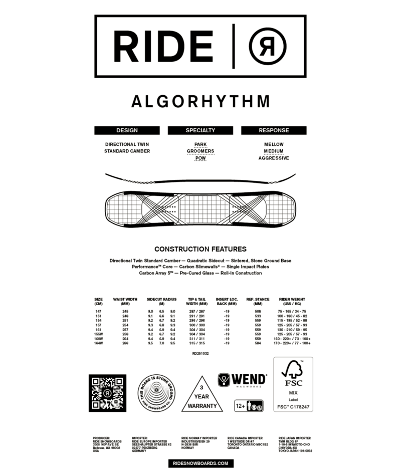 Ride Algorythm Snowboard 2026 - M I L O S P O R T