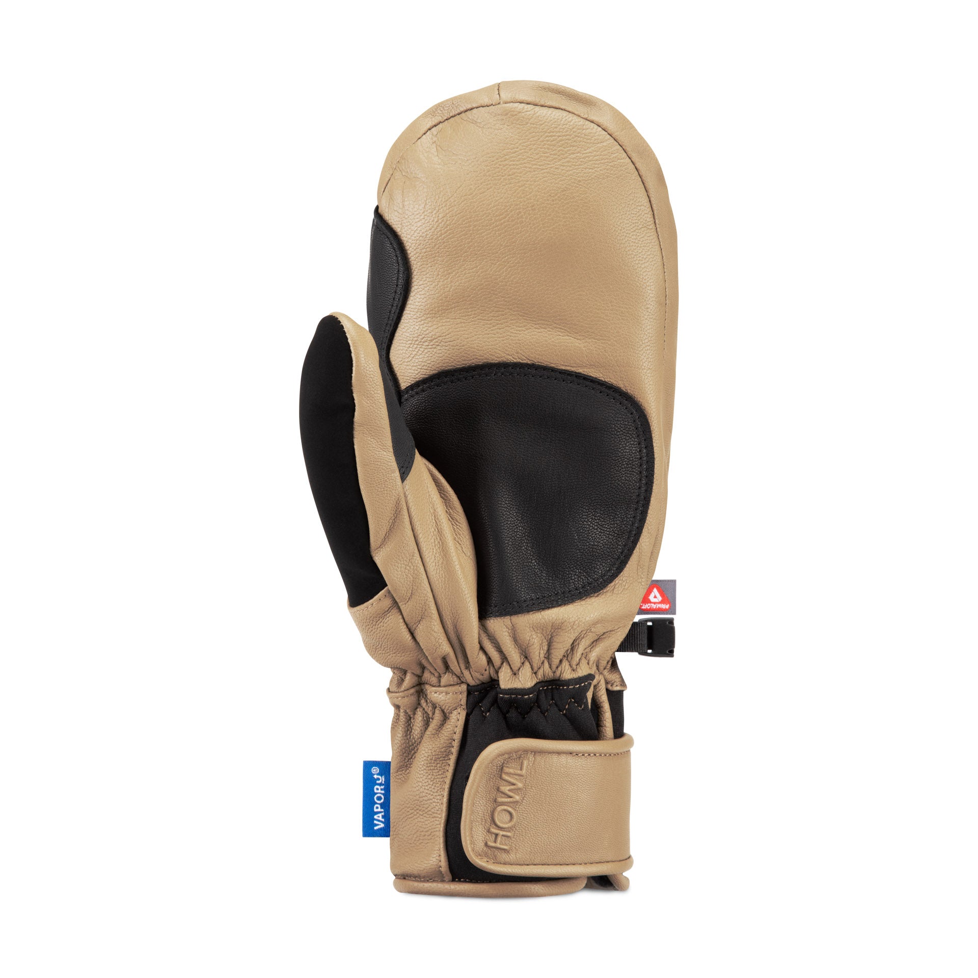 Howl Sexton Mitt 2027 in tan, men's and women's winter glove, shown from left back view with soft, insulated material