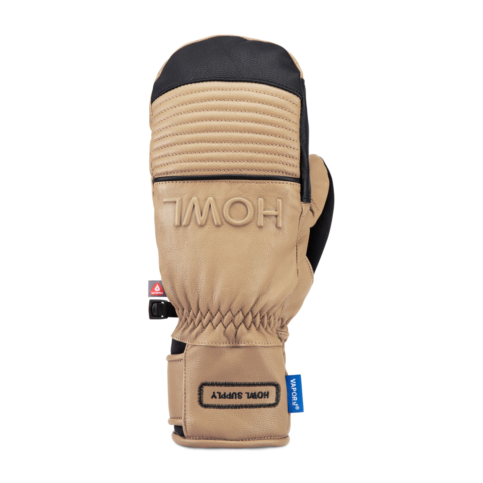 Tan Howl Sexton Mitt for men and women, showcasing the left front view with detailed stitching and warm, durable design.