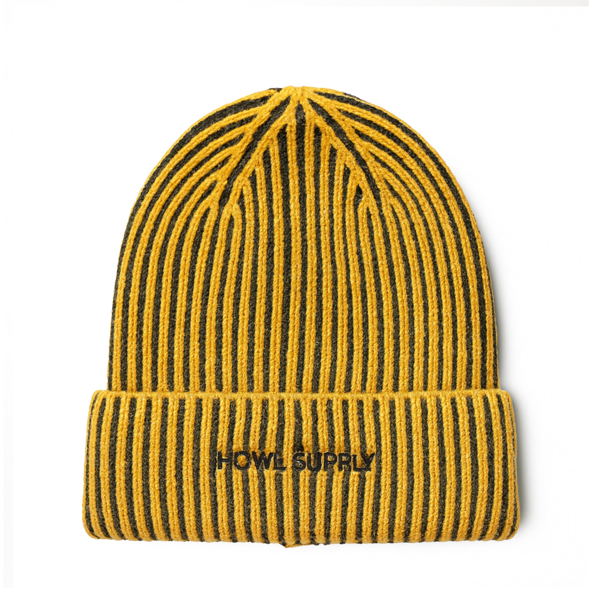 Howl Slash Beanie in mustard, unisex knit hat with a slashed design, suitable for men and women.