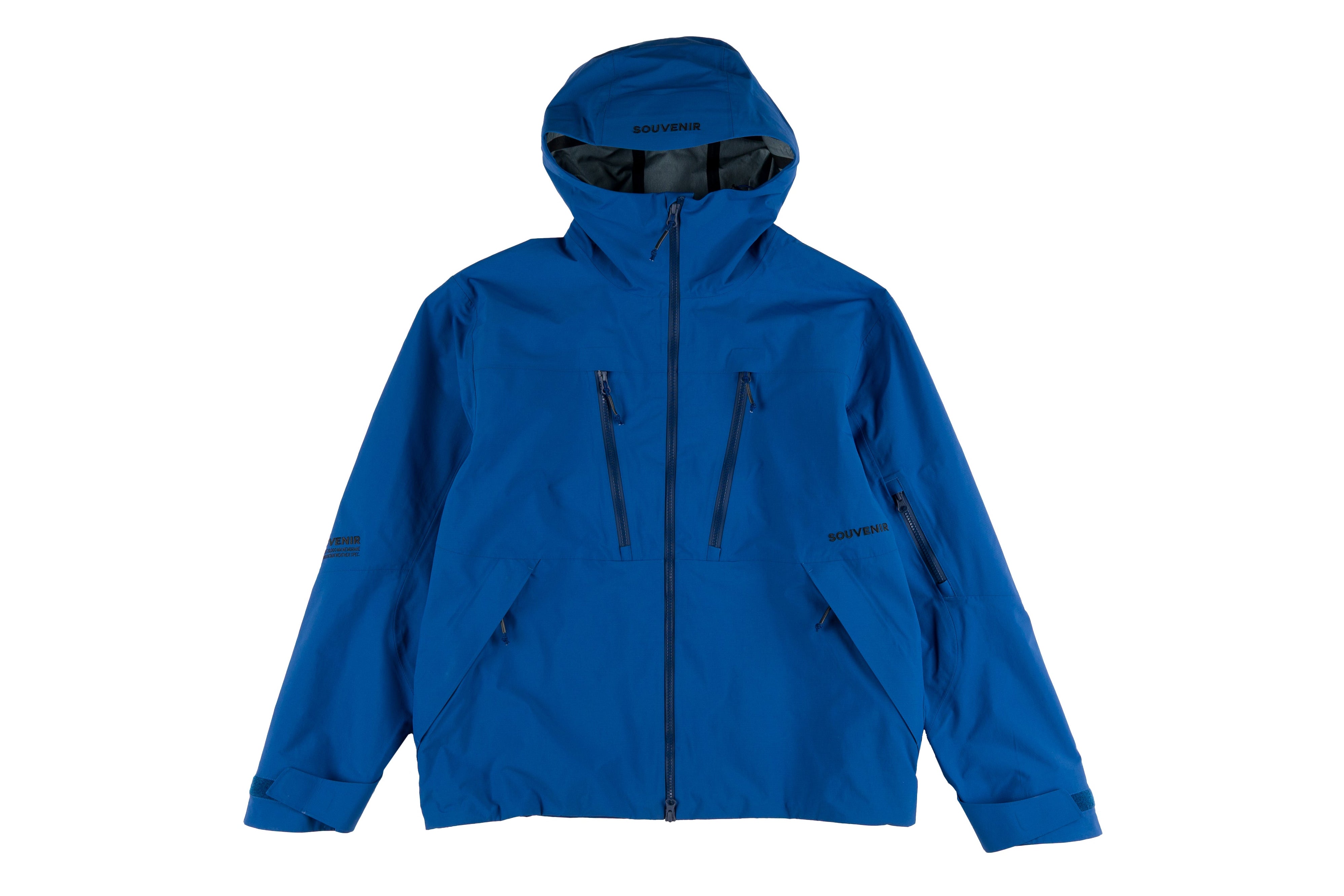 Souvenir 3 Ply Ripstop Jacket for men and women in black with a hood, durable ripstop fabric, and front zipper closure.