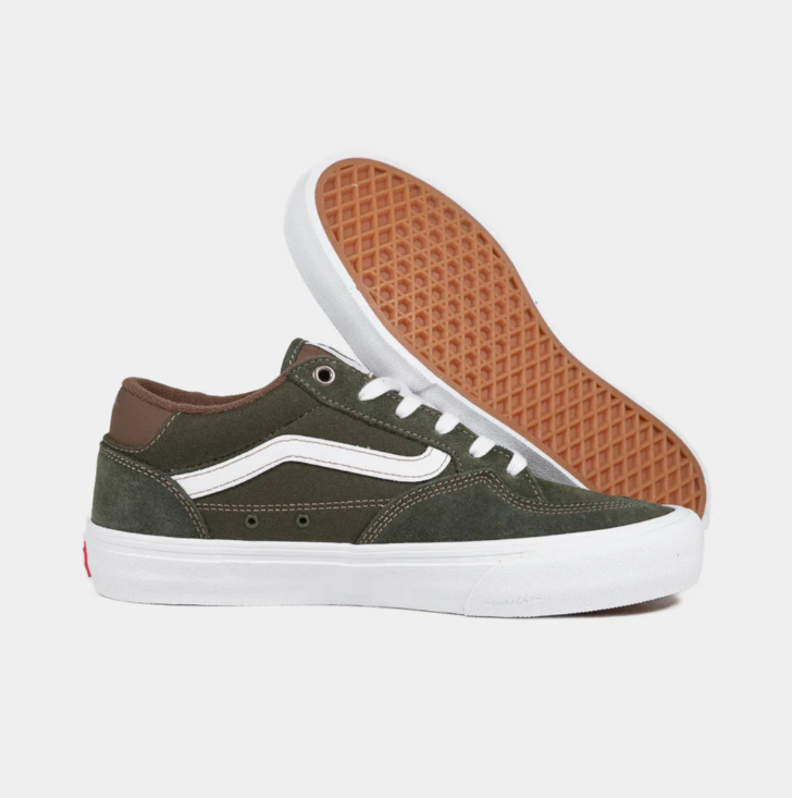 Vans Rowan skate shoes in green and brown with classic low-top design and skate-style laces.