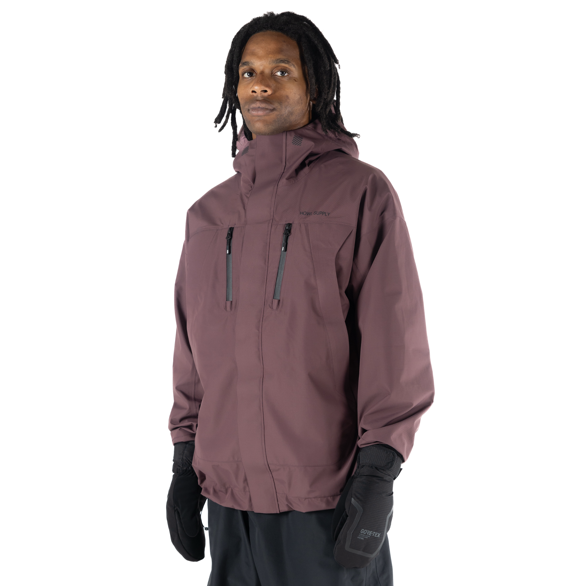 Men's Howl Shell Jacket in plum, showcasing lightweight waterproof shell with a hood and adjustable cuffs.