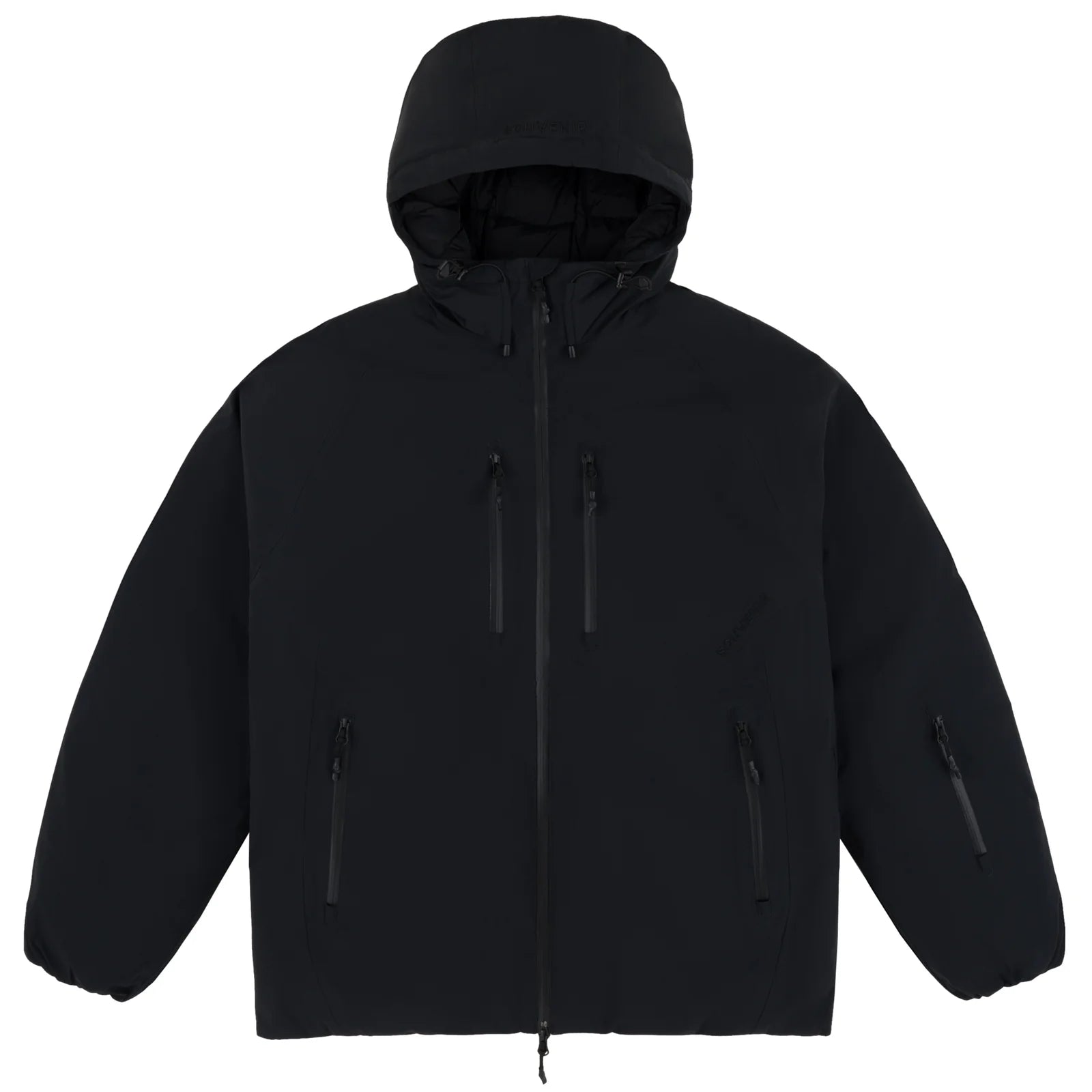 Black Souvenir snowboard parka with a hood, front zipper, and insulated design for winter snowboarding warmth and style.