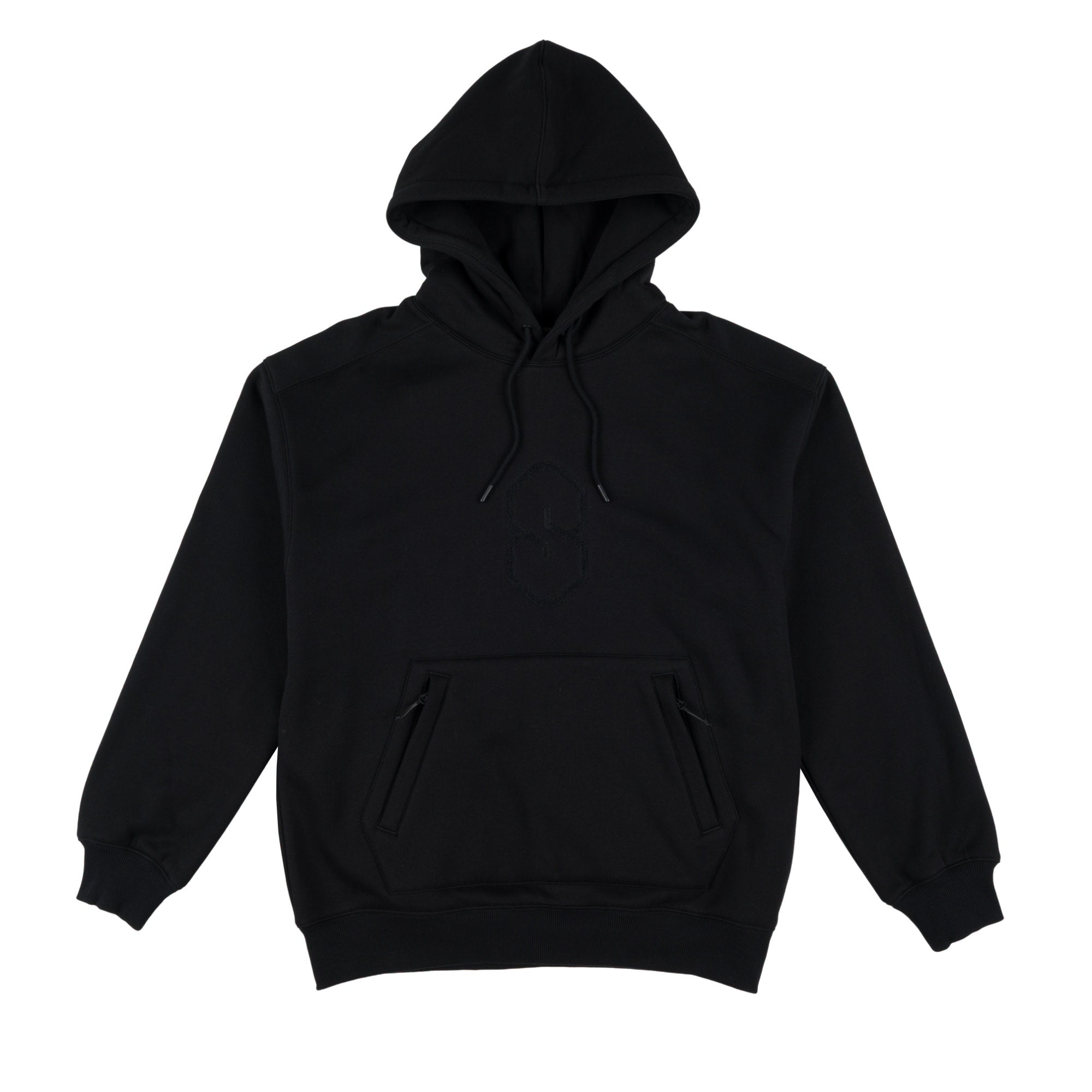 A plain black pullover hoodie with a front kangaroo pocket and drawstrings, shown against a solid white background.