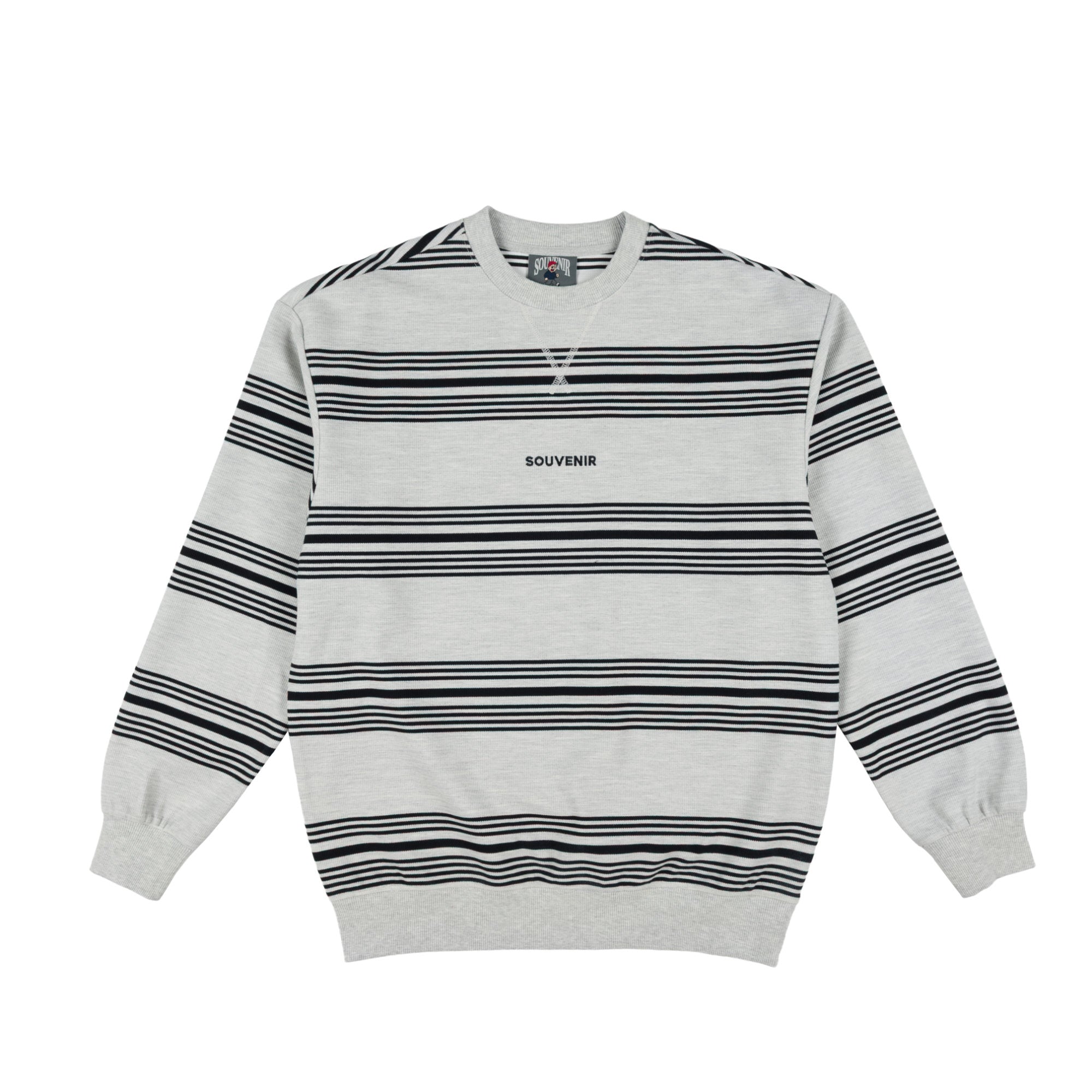 A light gray crewneck sweatshirt with horizontal black stripes and the word 'SOUVENIR' printed in black on the chest, displayed flat against a white background.