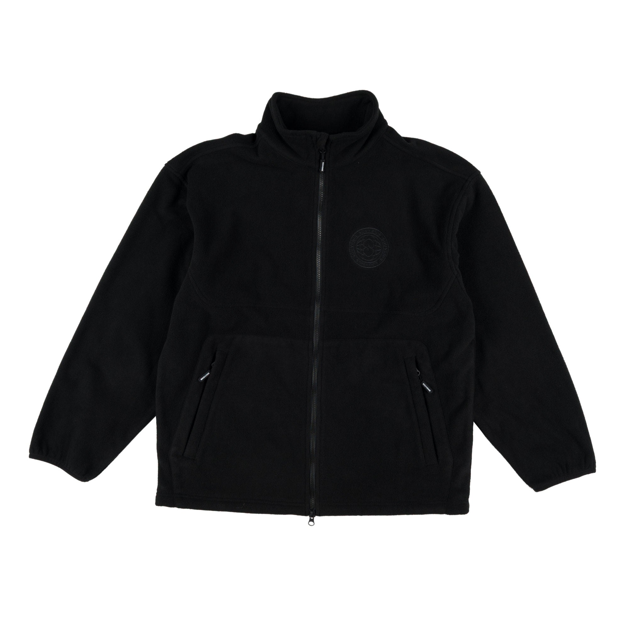 A black zip-up fleece jacket with a stand-up collar, two front zippered hand pockets, and a tonal circular logo on the left chest, displayed against a solid white background.