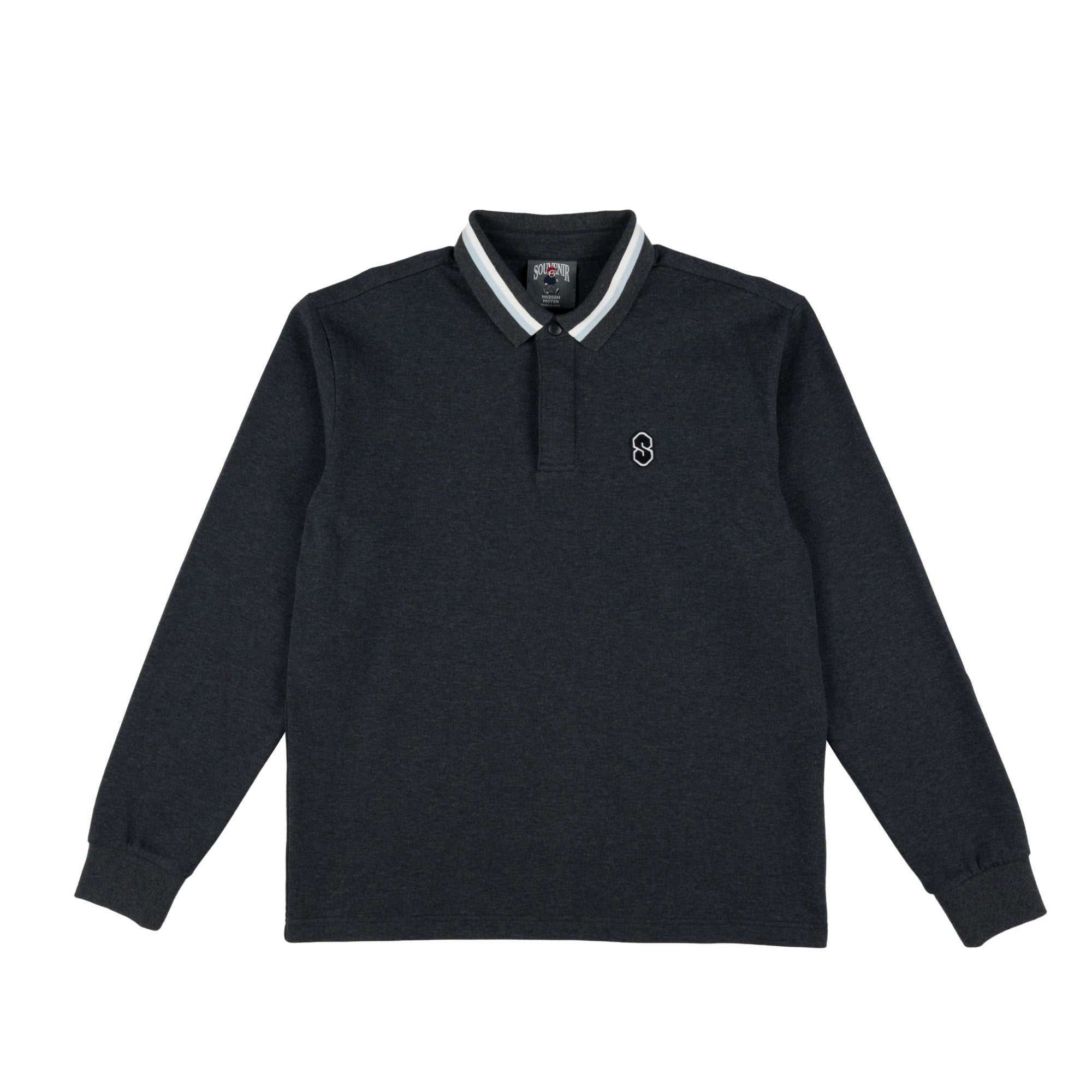 A black long-sleeve shirt with a white and navy striped collar and a small embroidered souvenir logo on the left chest, displayed flat against a white background.