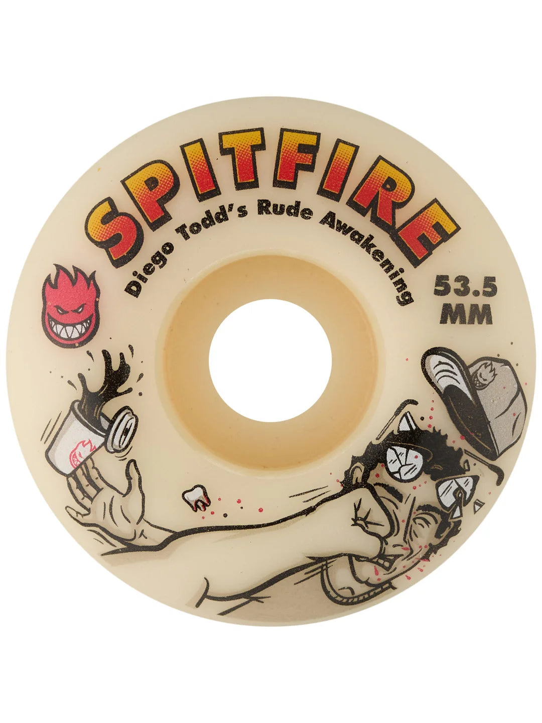 Spitfire Formula Four 99D Diego Rude Awakening skateboard wheels, orange with black graphics, displayed on a plain background.