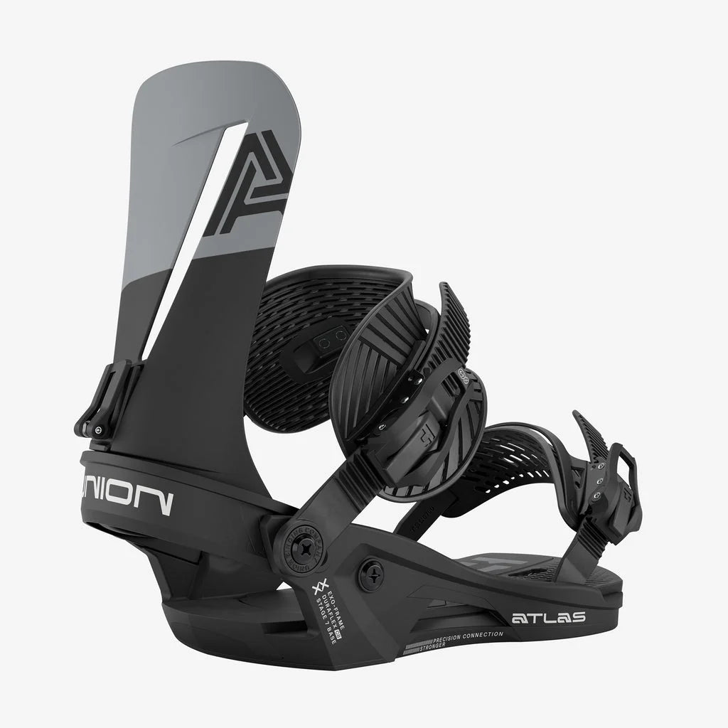 Union Atlas snowboard bindings in black with adjustable straps and high-back support, designed for snowboarding in winter conditions.