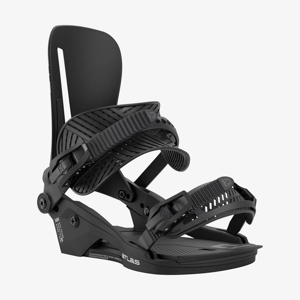 Union Atlas snowboard bindings in black, front view, designed for snowboarding, featuring adjustable straps and durable construction.