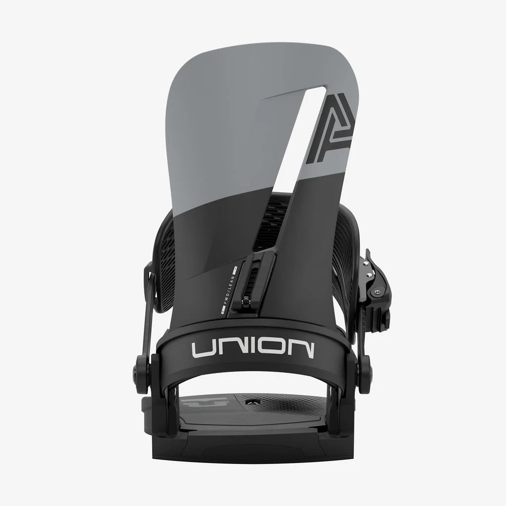 Union Atlas snowboard bindings in black, rear view, showcasing adjustable straps and high-performance design for snowboarding.