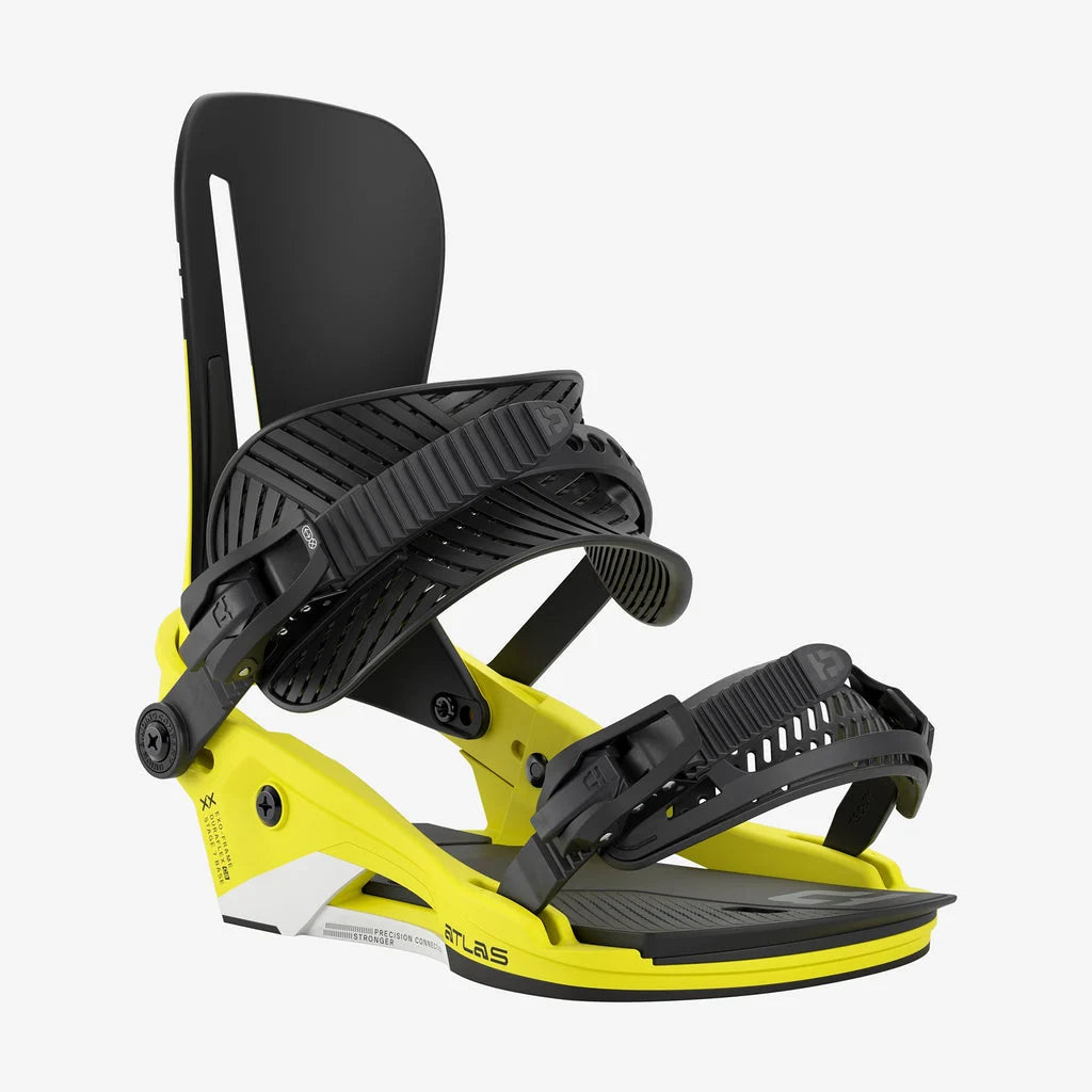 Union Atlas snowboard bindings 2026 in yellow, shown from the front with adjustable straps and high-back support.