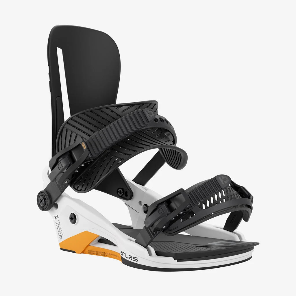 Union Atlas snowboard bindings in white and orange, designed for snowboarding, with adjustable straps and high-performance features.