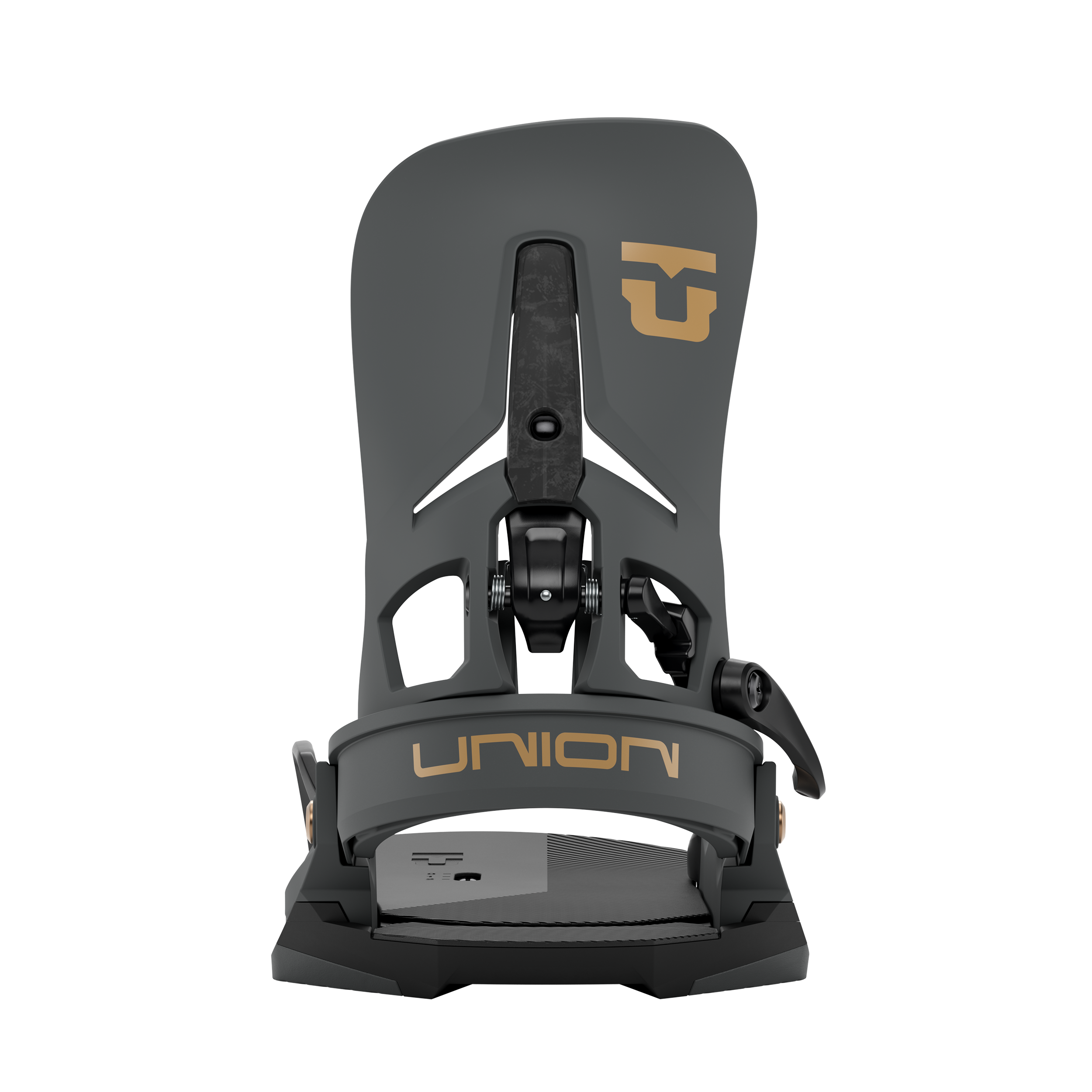 Union Atlas Pro Step On snowboard binding in black, rear view showing the durable design and secure strap system for snowboarding.