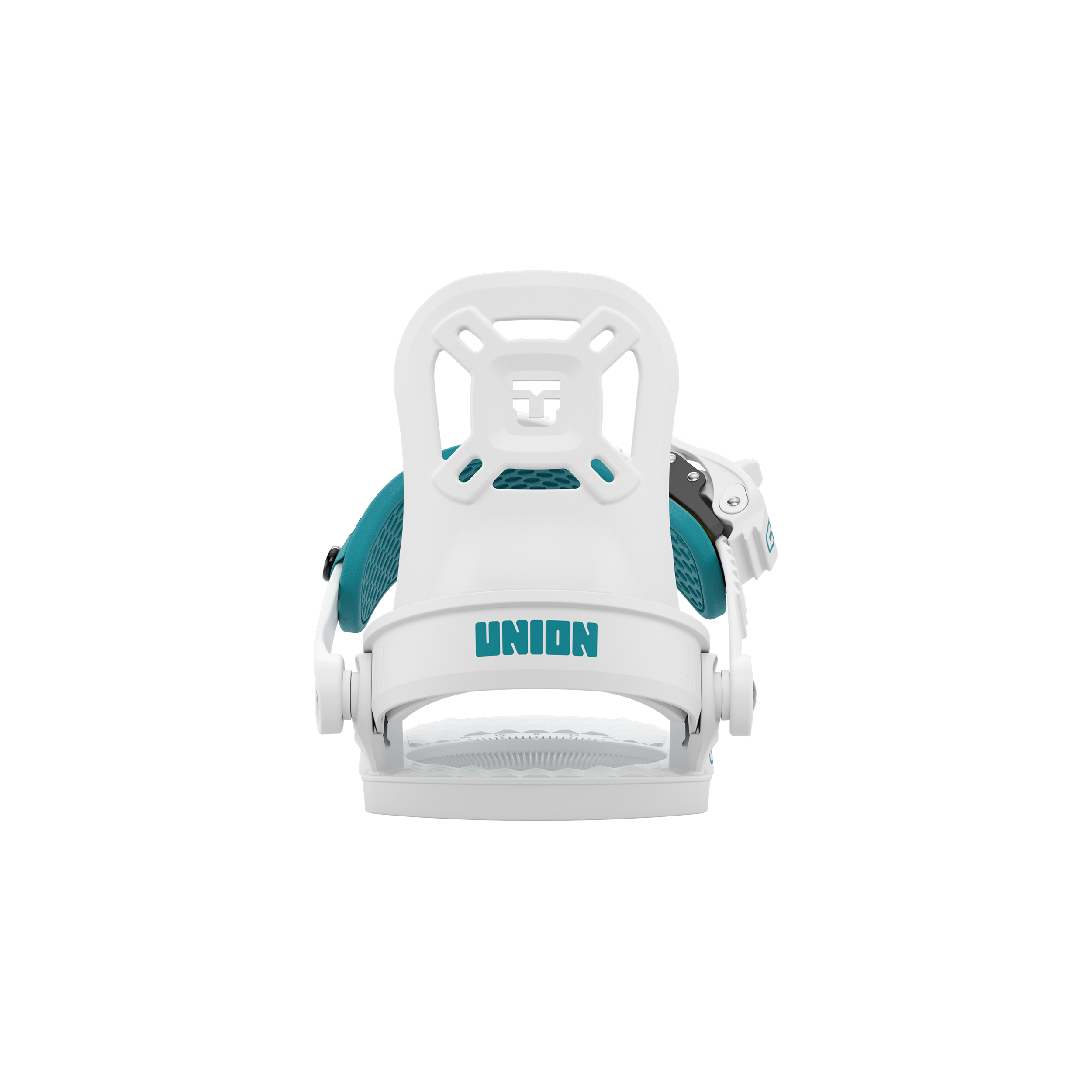 Union Cadet One kids' snowboard binding in white, rear view showing adjustable straps and sturdy construction for young riders.