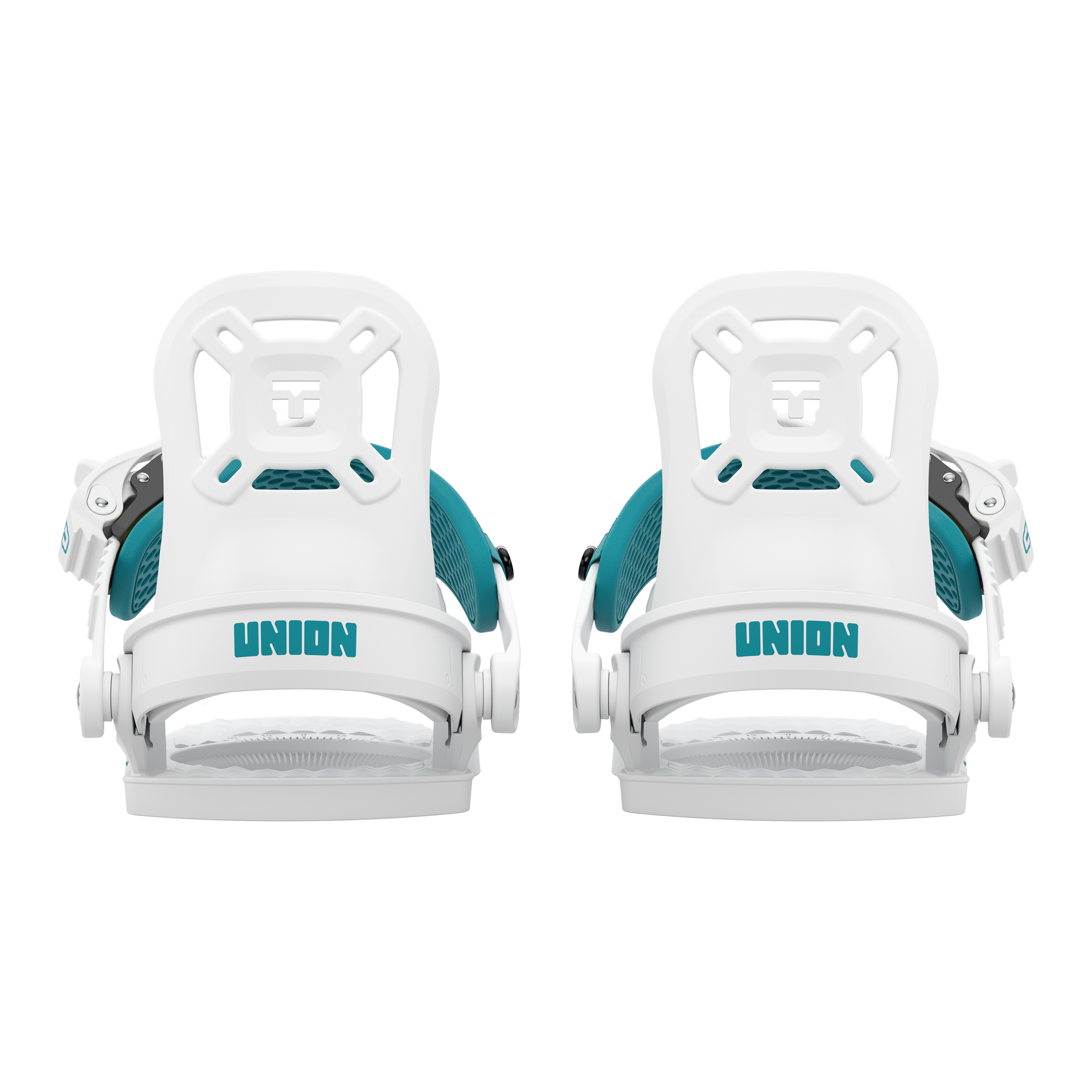 Union Cadet One kids' snowboard binding in white, rear view, designed for young snowboarders, with adjustable straps and durable construction.
