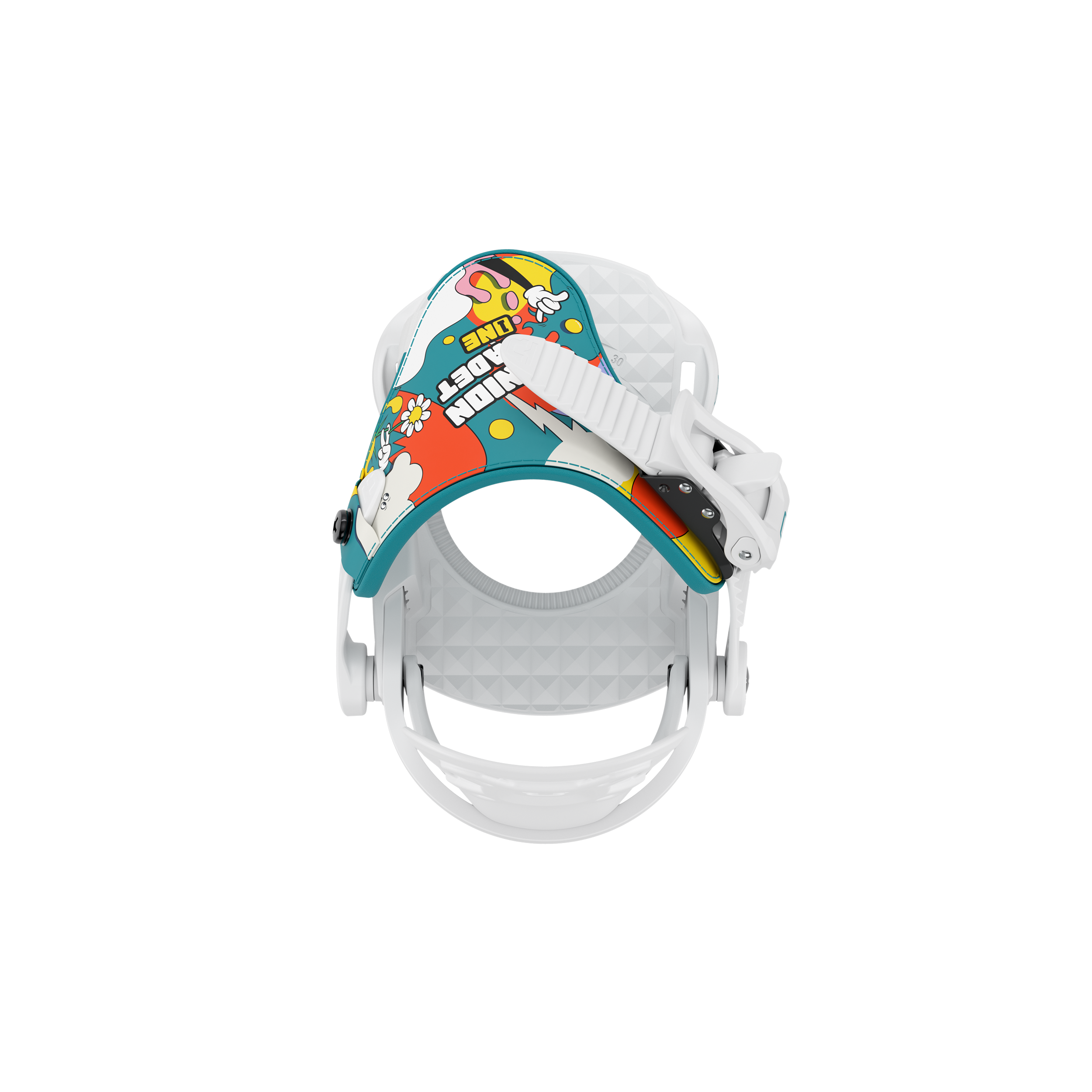 Union Cadet One kids snowboard binding in white with black straps, designed for young snowboarders, shown from the top view.