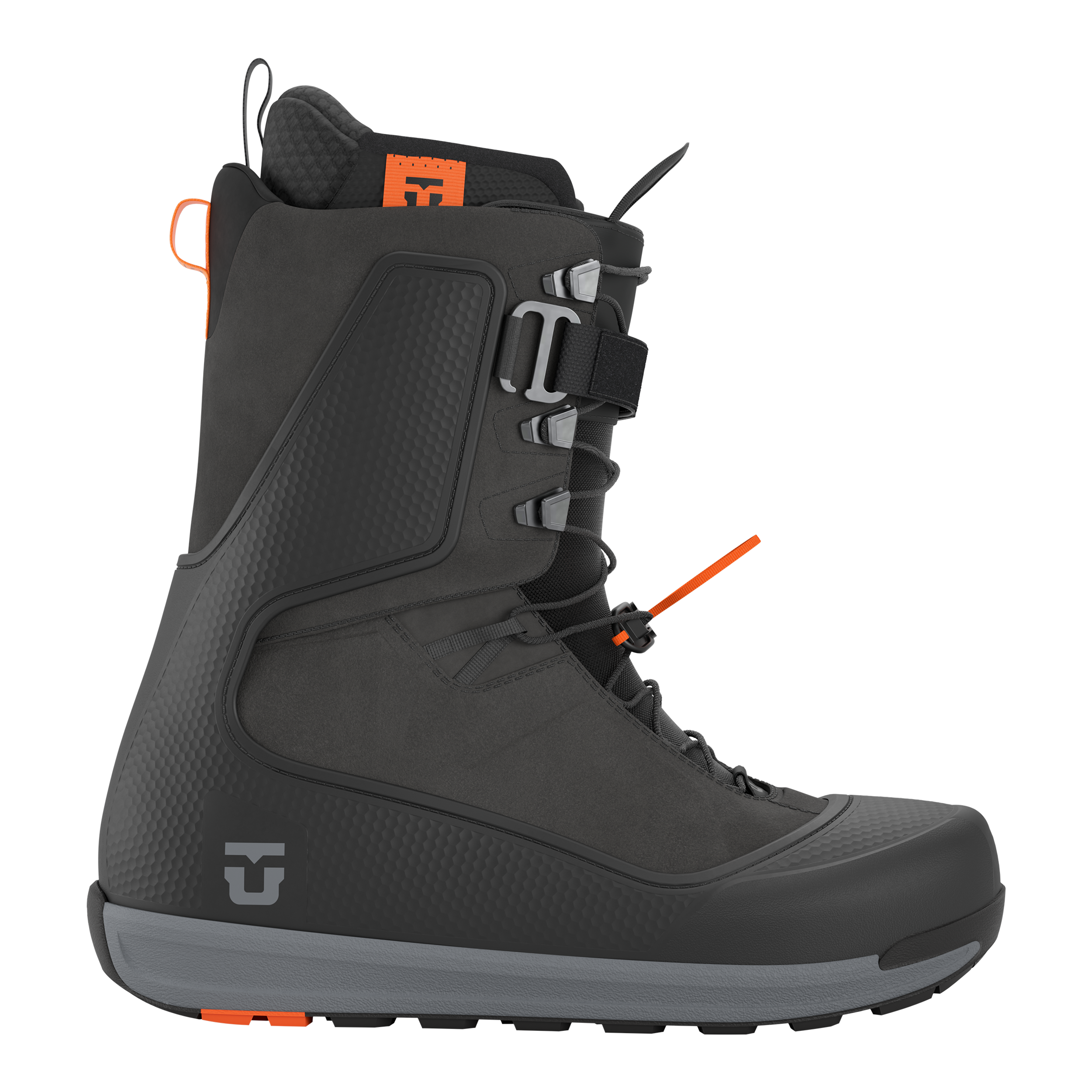 Union Factory Snowboard Boot 2027 in black, shown from the side, featuring durable construction and secure lacing system.