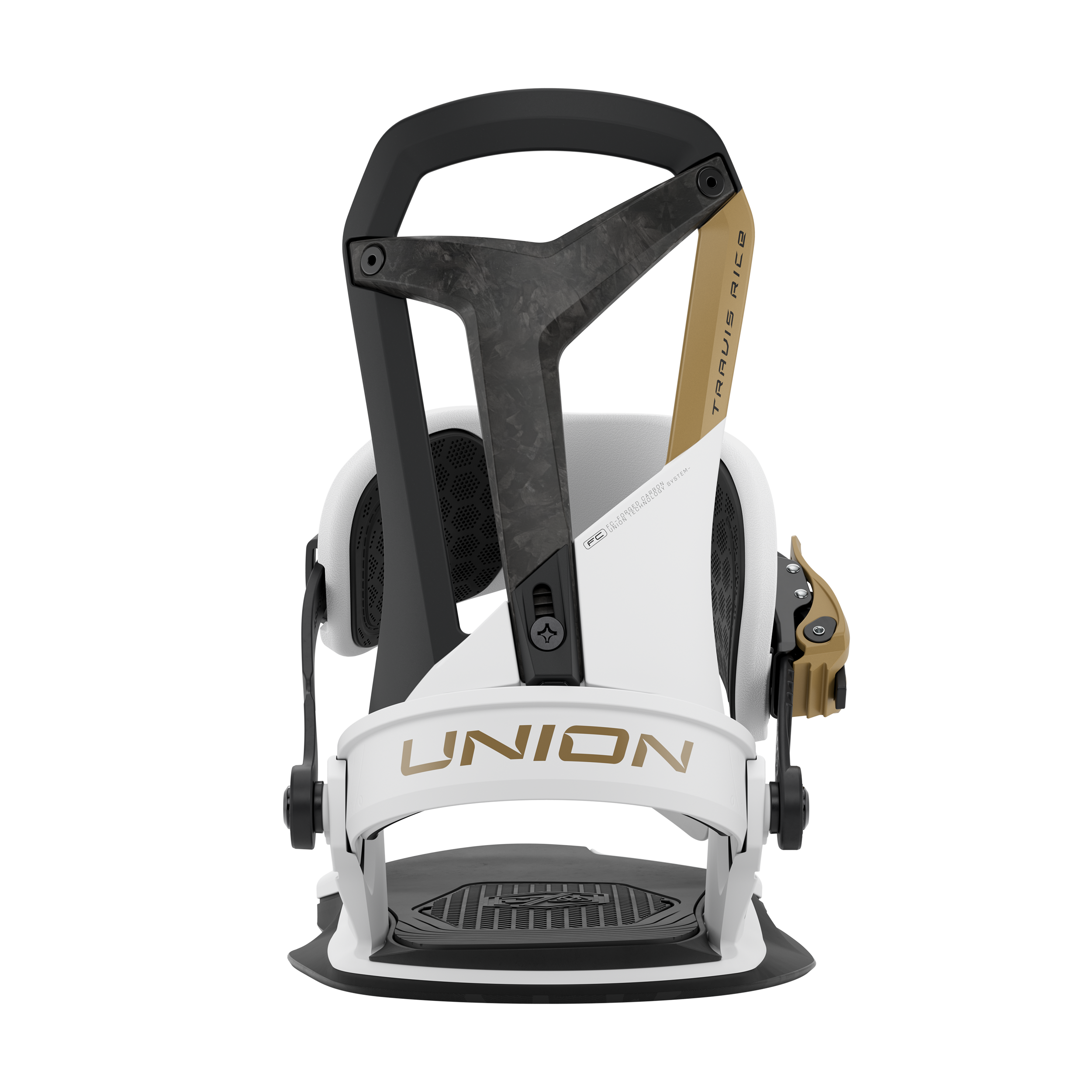 Union Falcor snowboard binding in white, shown from rear view, designed for snowboarding with durable construction and adjustable straps.