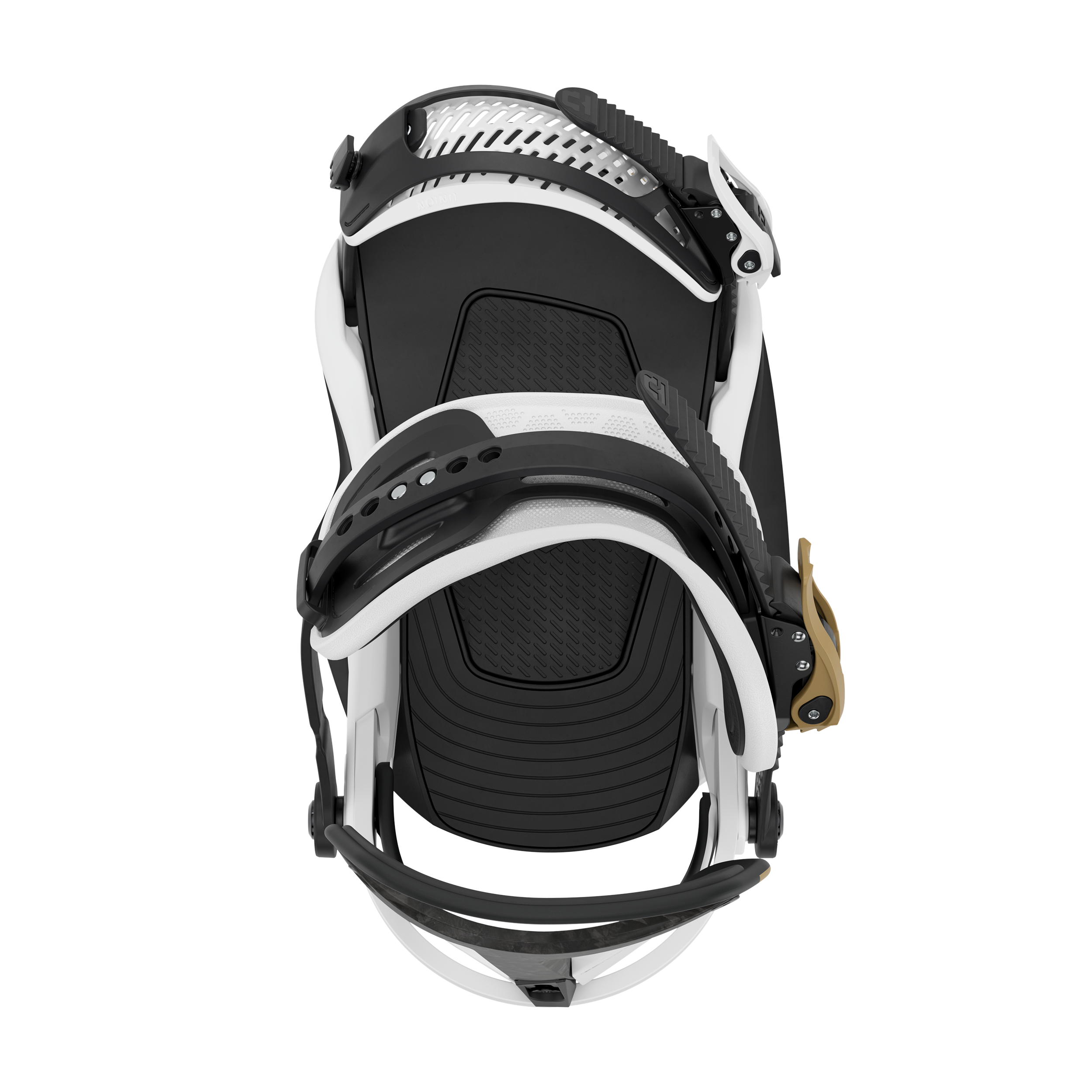 Union Falcor snowboard binding in white, showing the top view with adjustable straps and high-back support for winter snowboarding.