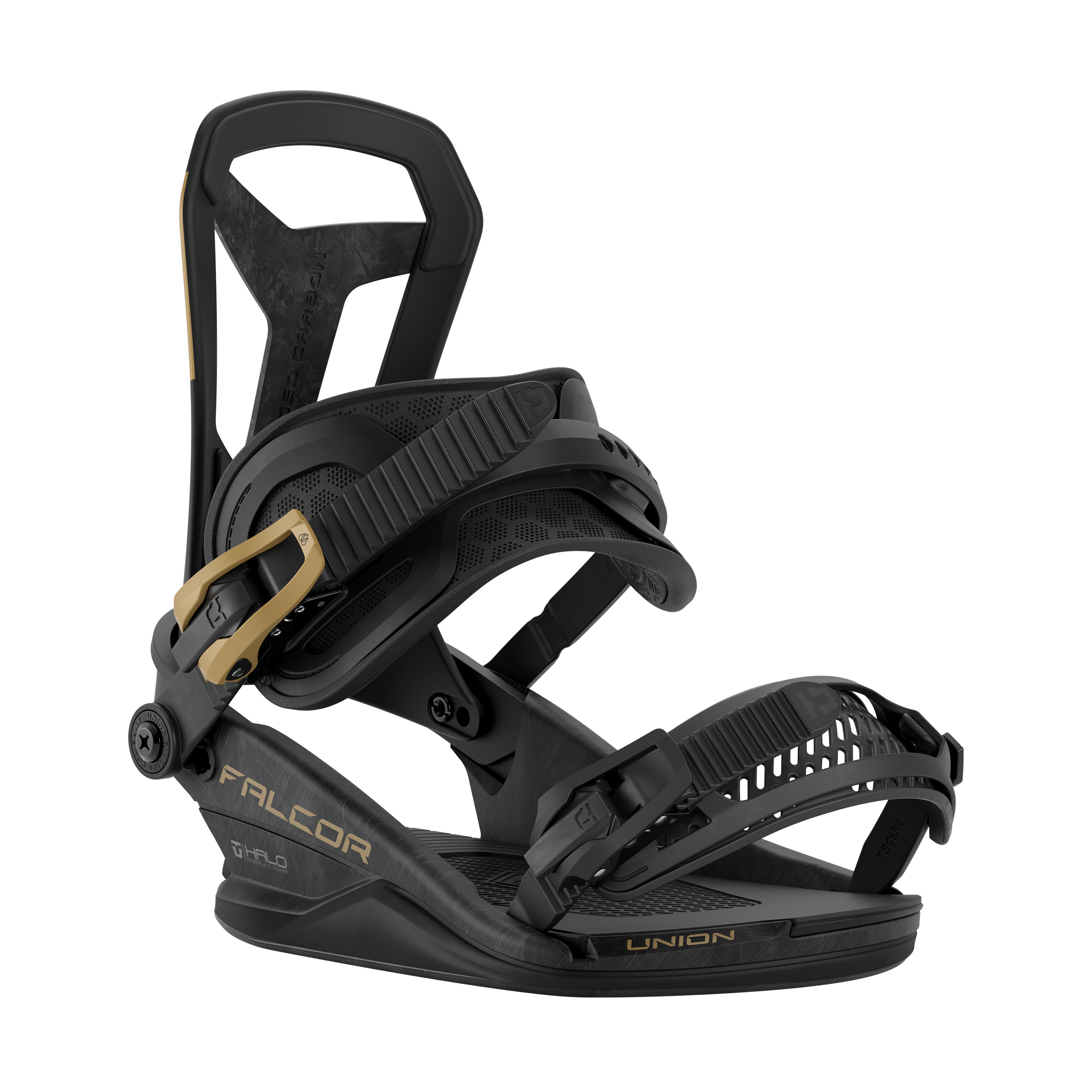 Union Falcor snowboard binding in black, featuring adjustable straps and high-back support for snowboarding in winter conditions.