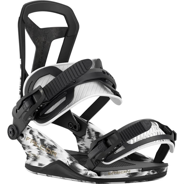 Union Falcor snowboard bindings 2026 for men, mounted on snowboard, featuring black and silver design with adjustable straps.