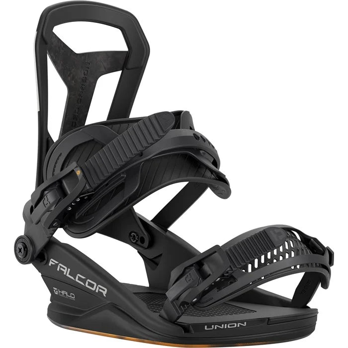 Union Falcor snowboard bindings 2026 for men, featuring adjustable straps and durable construction on a snowy background.