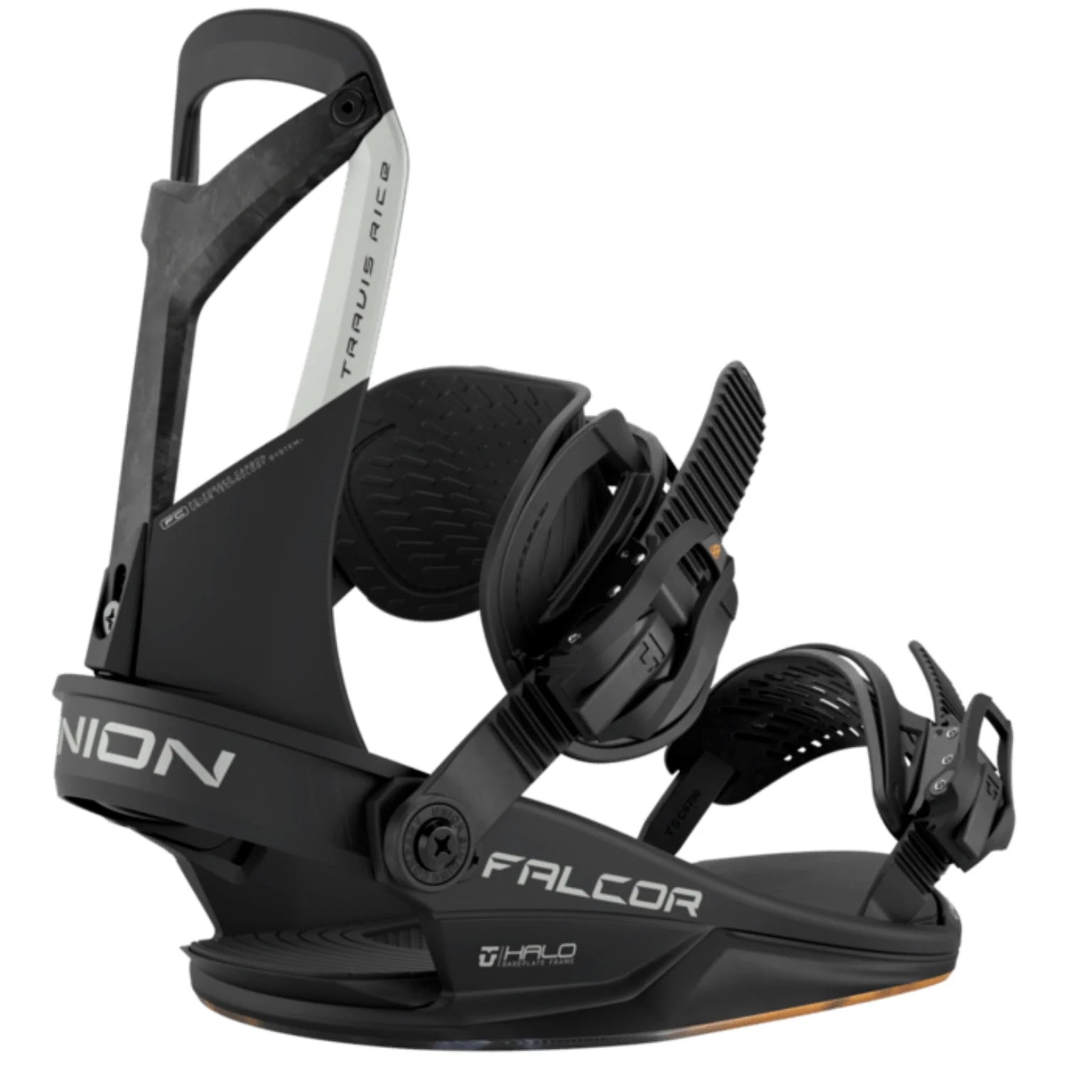 Union Falcor snowboard bindings 2026 for men, shown in black with adjustable straps and high-back support.