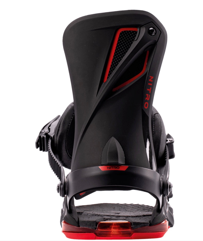 Nitro Phantom+ snowboard bindings mounted on a snowboard, showcasing adjustable straps and high-back support for snowboarding.