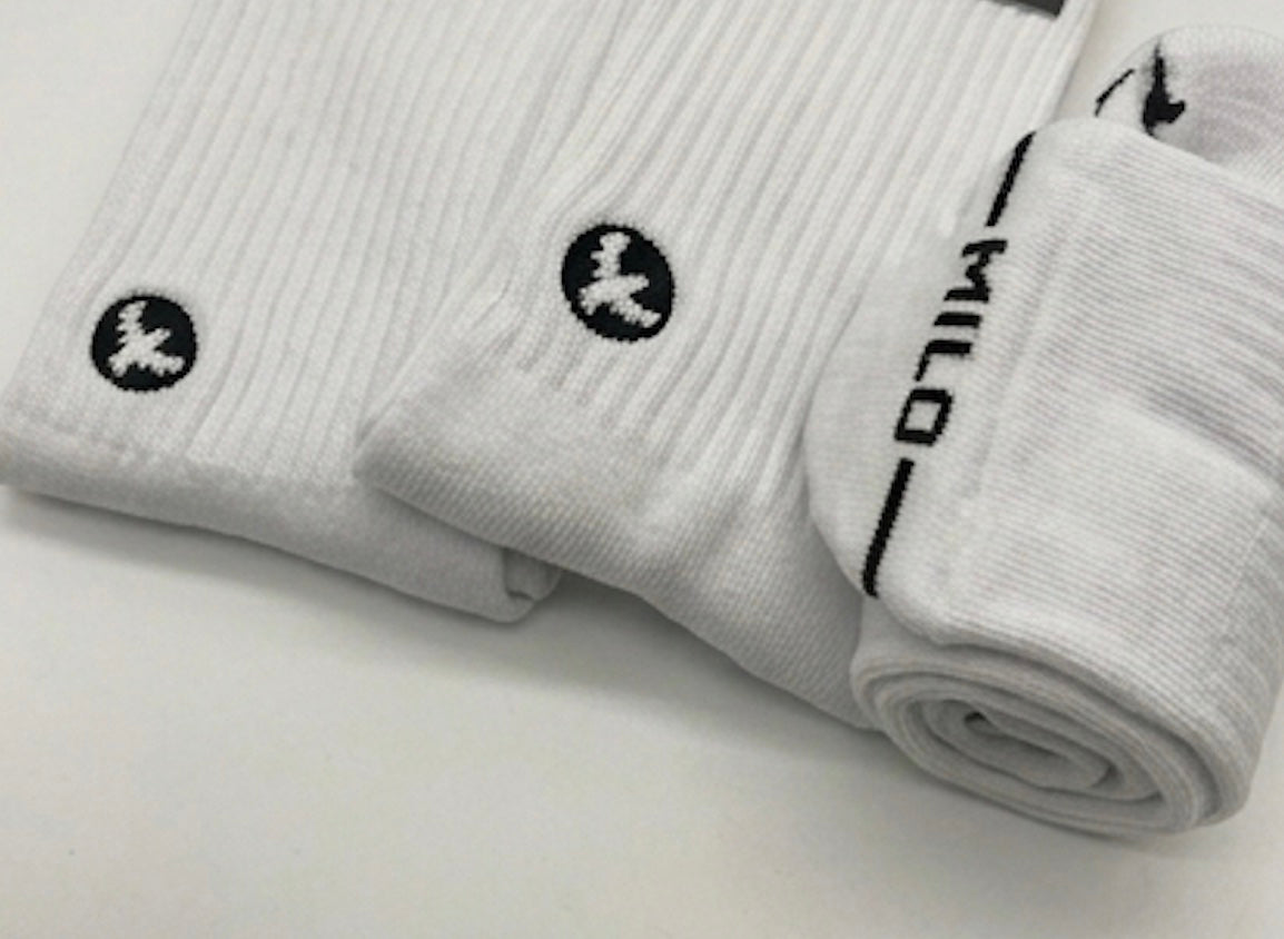 White socks with black logos on a light gray background