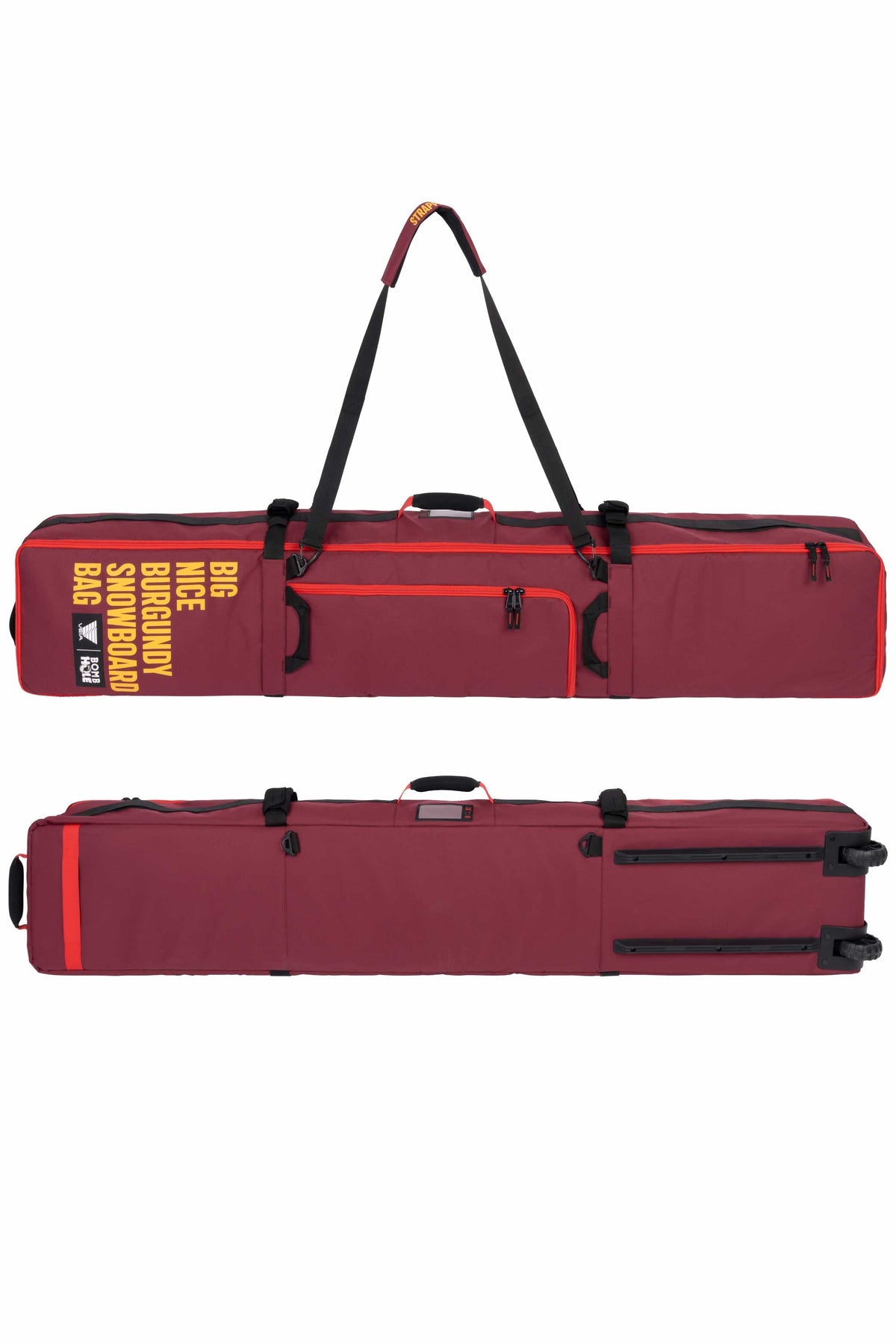 VEIA x The Bombhole limited edition wheeled snow bag, black snowboard travel bag with wheels