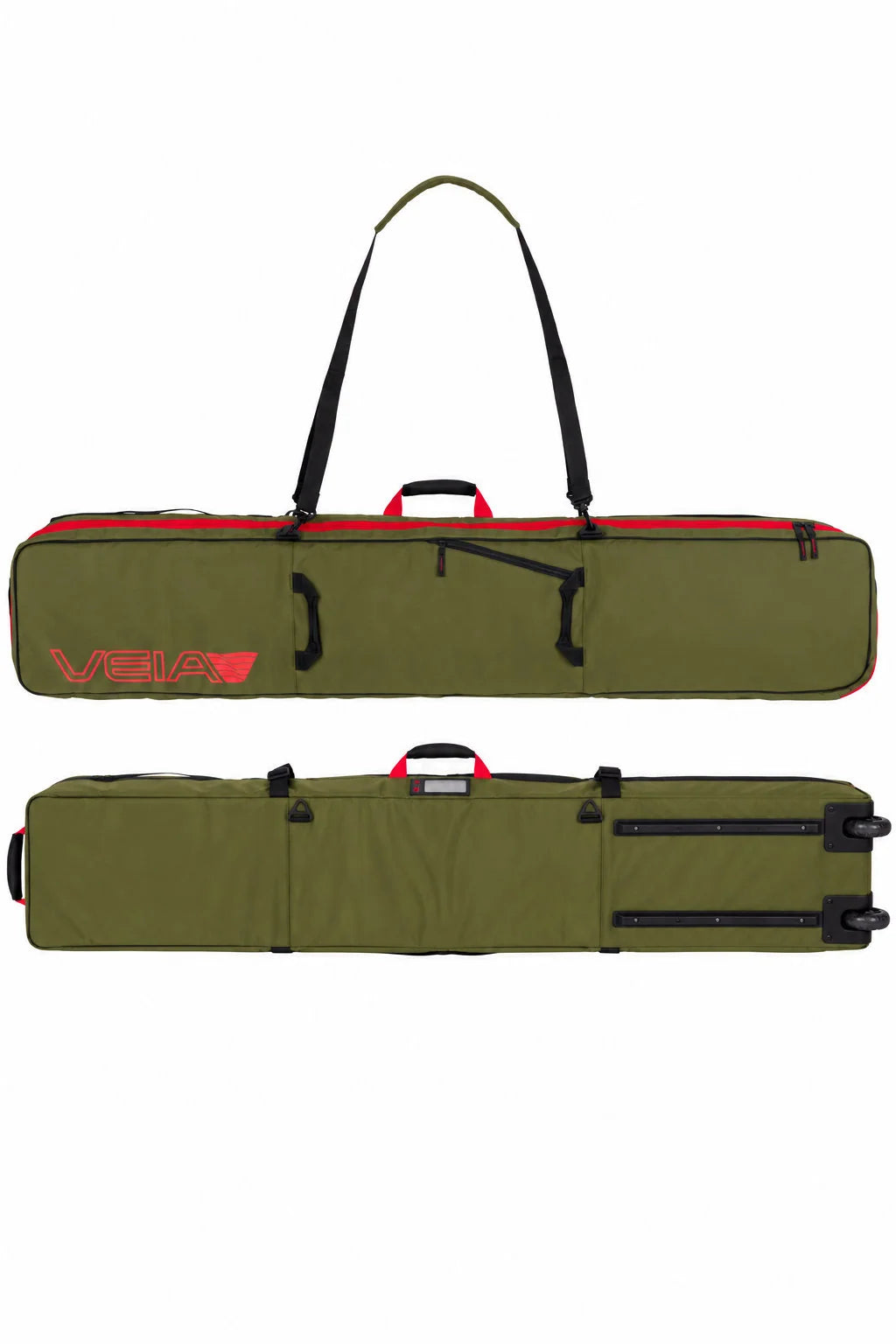 Veia Explorer wheeled snowboard bag shown from front and back views