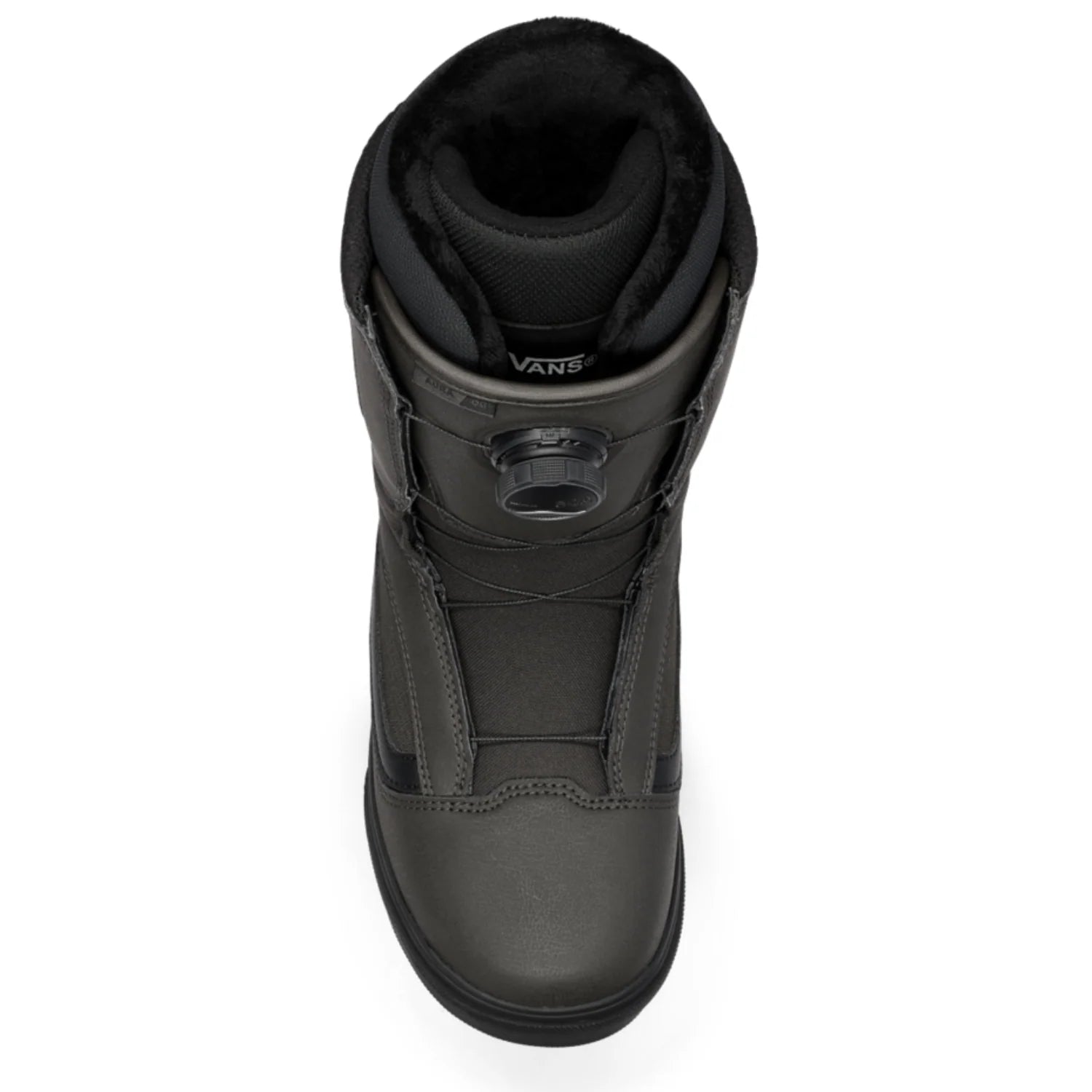 Vans Aura OG snowboard boot in faded black, side view showing laces and rugged sole, designed for winter snowboarding.