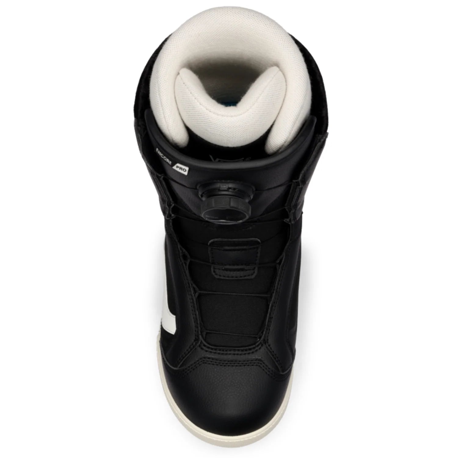 Black Vans Encore Pro women's snowboard boot for snowboarding, featuring a sleek design and padded interior for comfort.