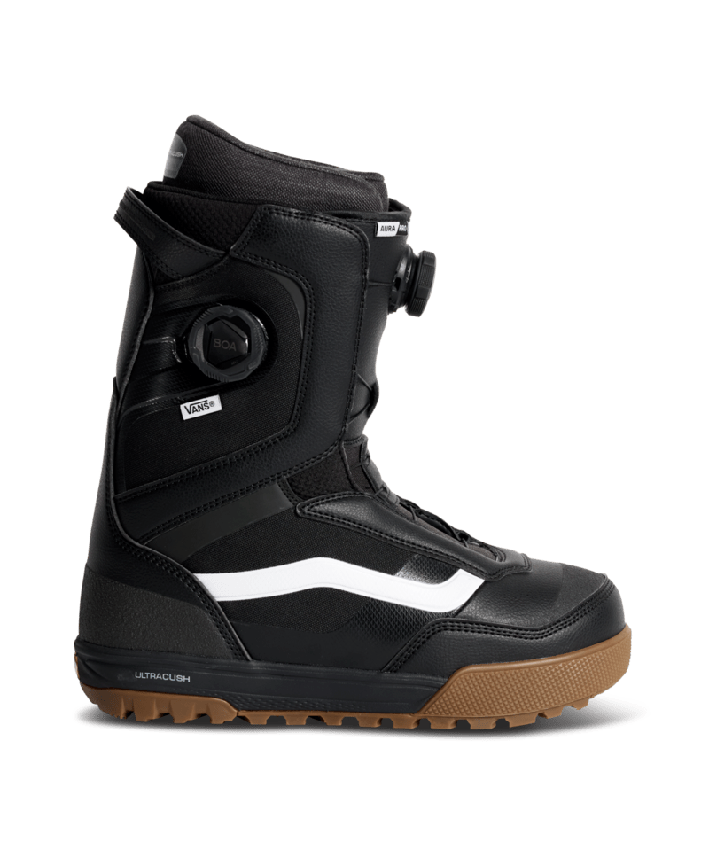 Vans Aura Pro 2.0 men's snowboard boot showing black and gray design with laces and padded ankle support.