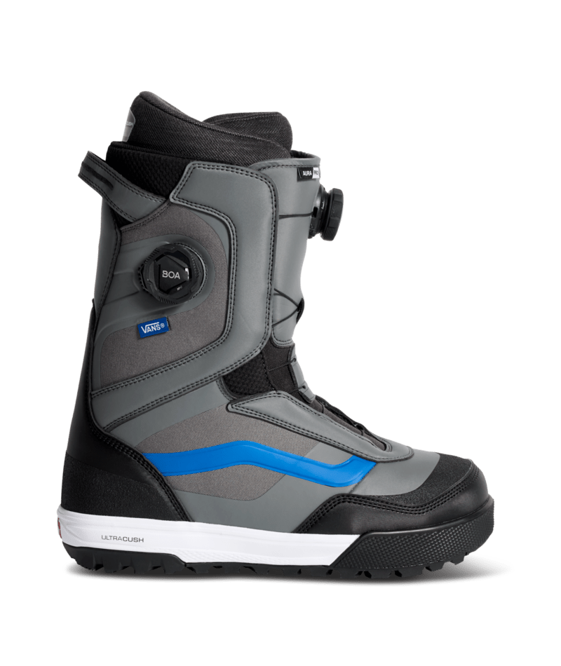 Vans Aura Pro 2.0 men's snowboard boot in gray with padded collar and sturdy sole for winter snowboarding.