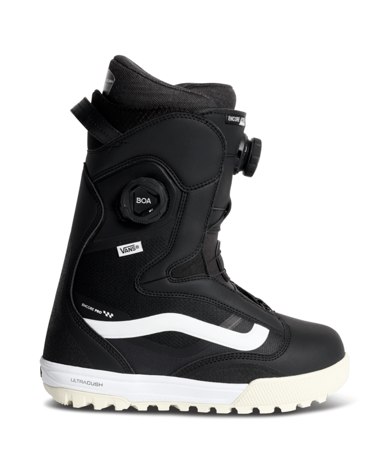 Vans Encore Pro 2.0 women's snowboard boot in black and white, showing the boot's side profile with lacing and branding details.
