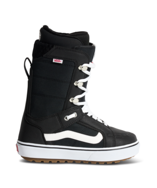 Vans Hi-Standard OG men's snowboard boot in black with white accents, featuring sturdy laces and padded ankle support.