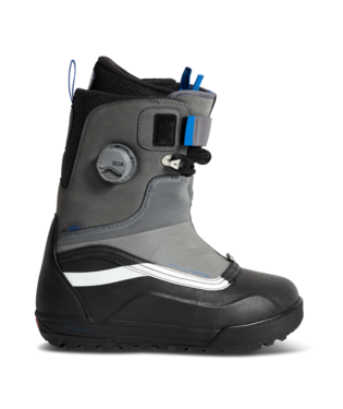 Vans Infuse Sideline men's snowboard boot with black grey and white design, padded ankle support, and durable sole for snowboarding.